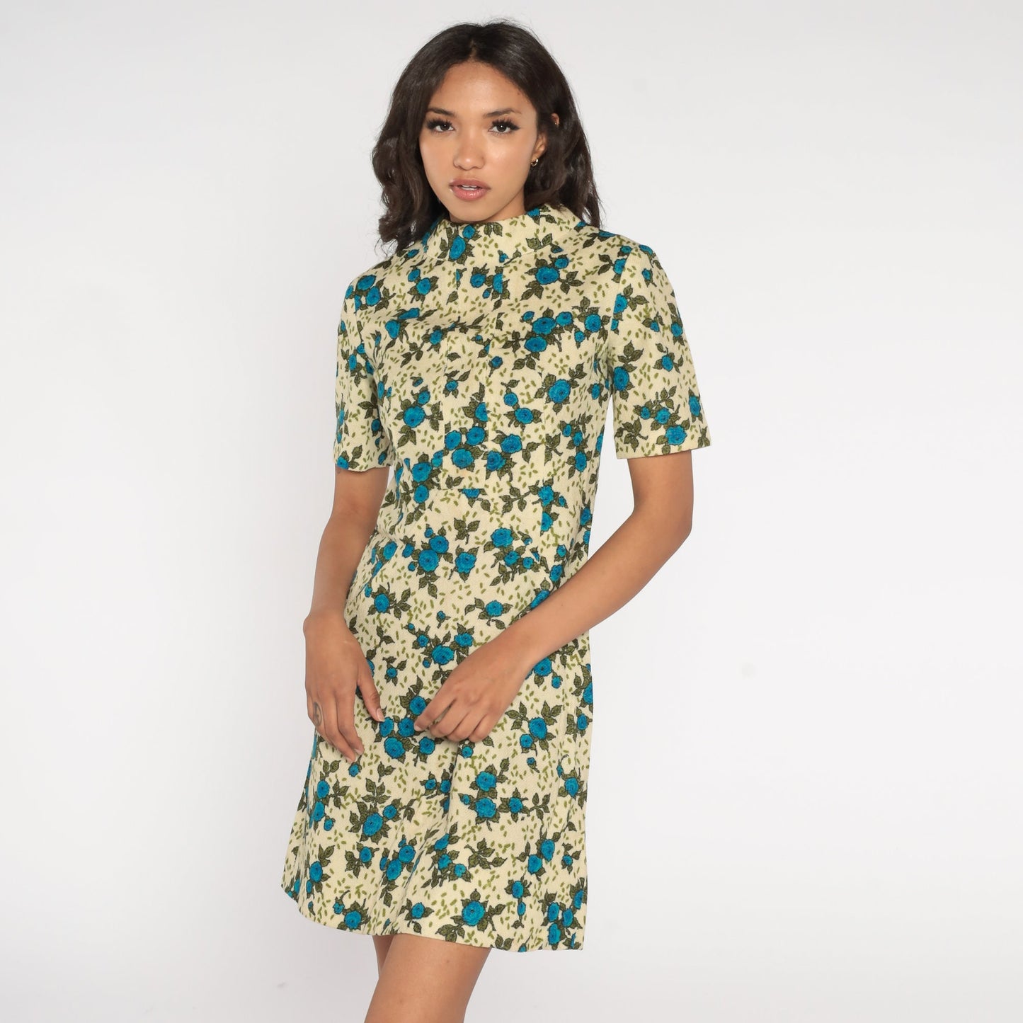 60s Floral Wool Blend Mini Dress Mock Neck A-Line Short Sleeve Cream Blue Extra Small