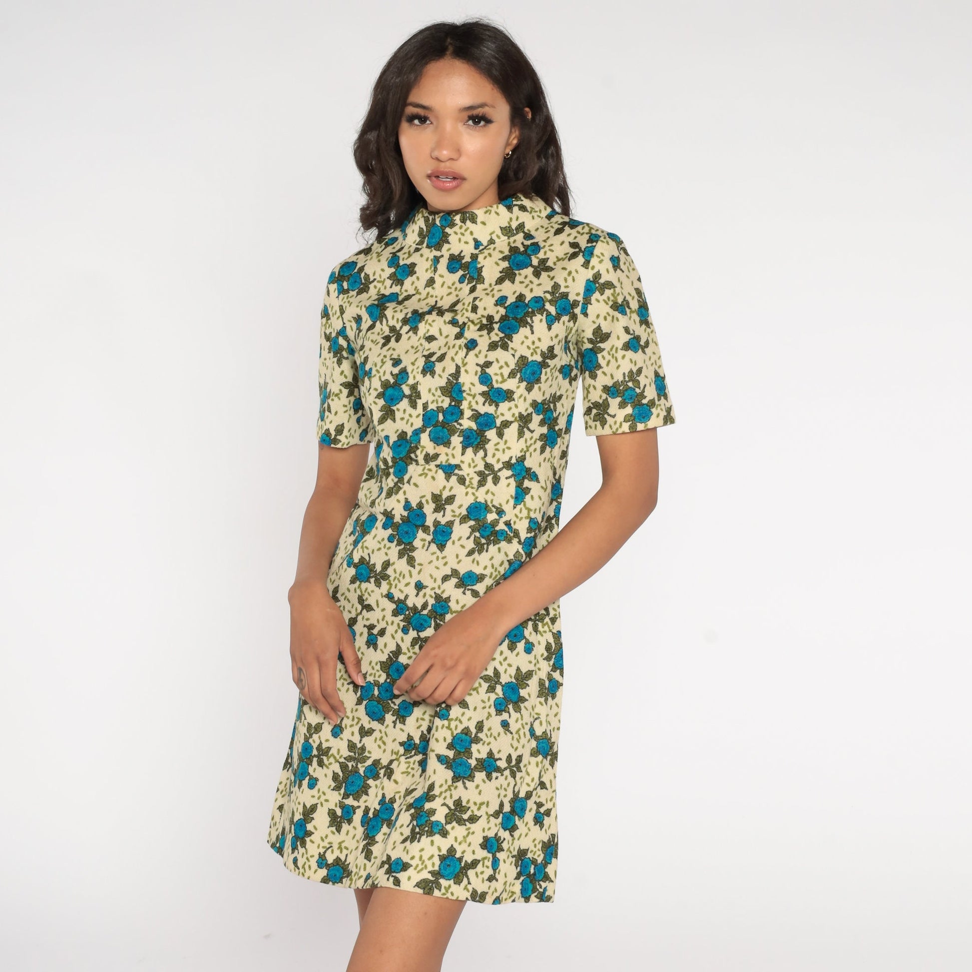 60s Floral Wool Blend Mini Dress Mock Neck A-Line Short Sleeve Cream Blue Extra Small