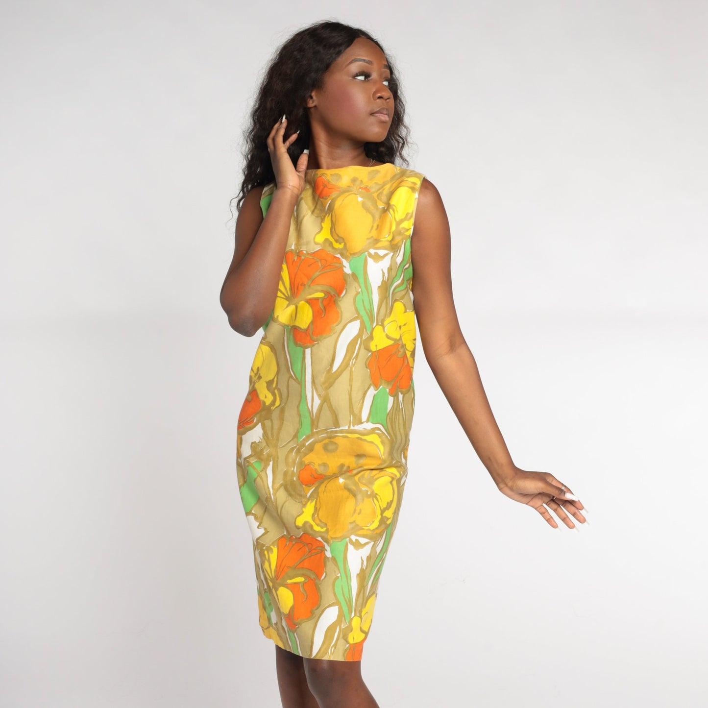 60s Mod Floral Shift Dress Knee Length Orange Green Tan Cotton Small