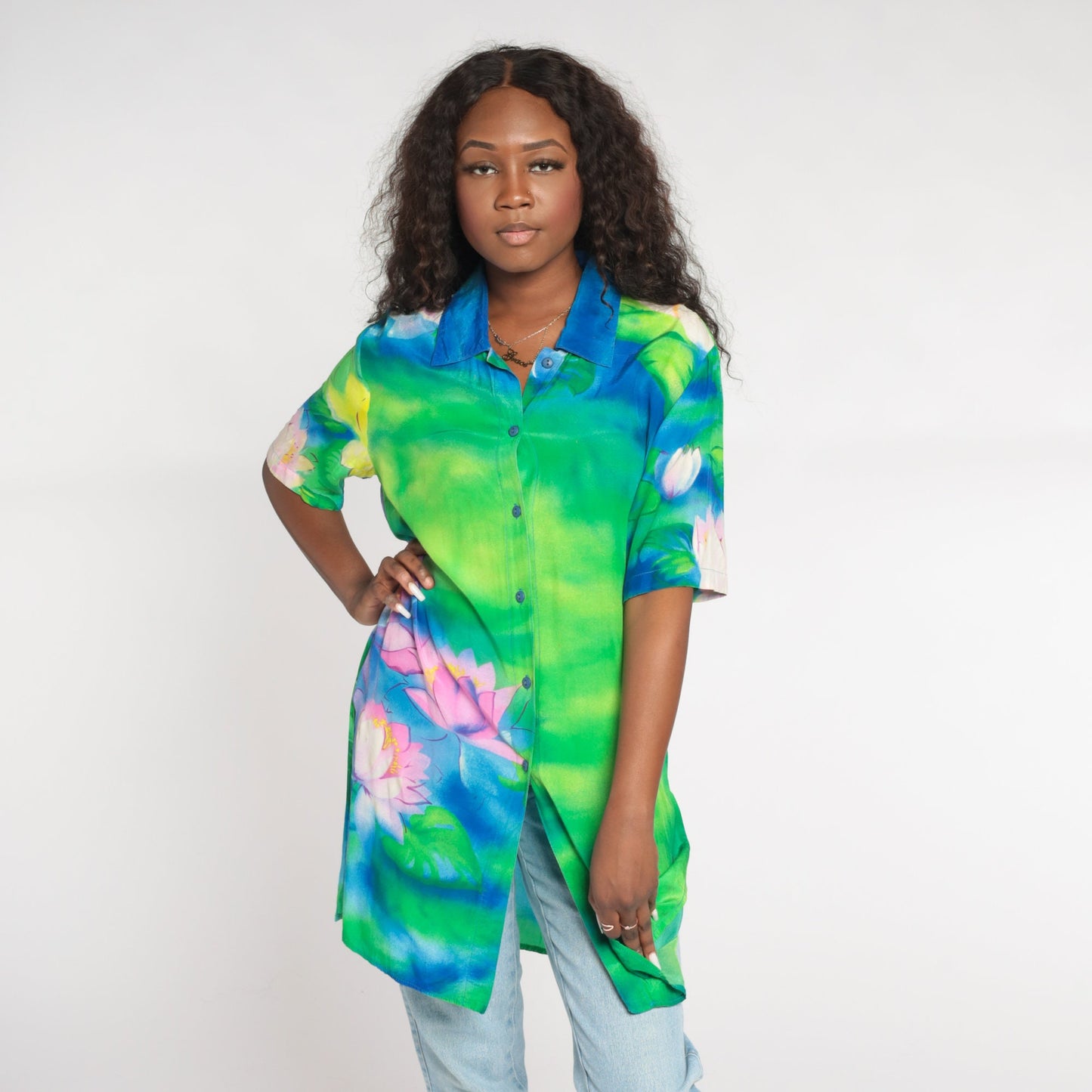 Y2K Water Lily Floral Button Up Blouse Blue Green Pink Short Sleeve Medium Large
