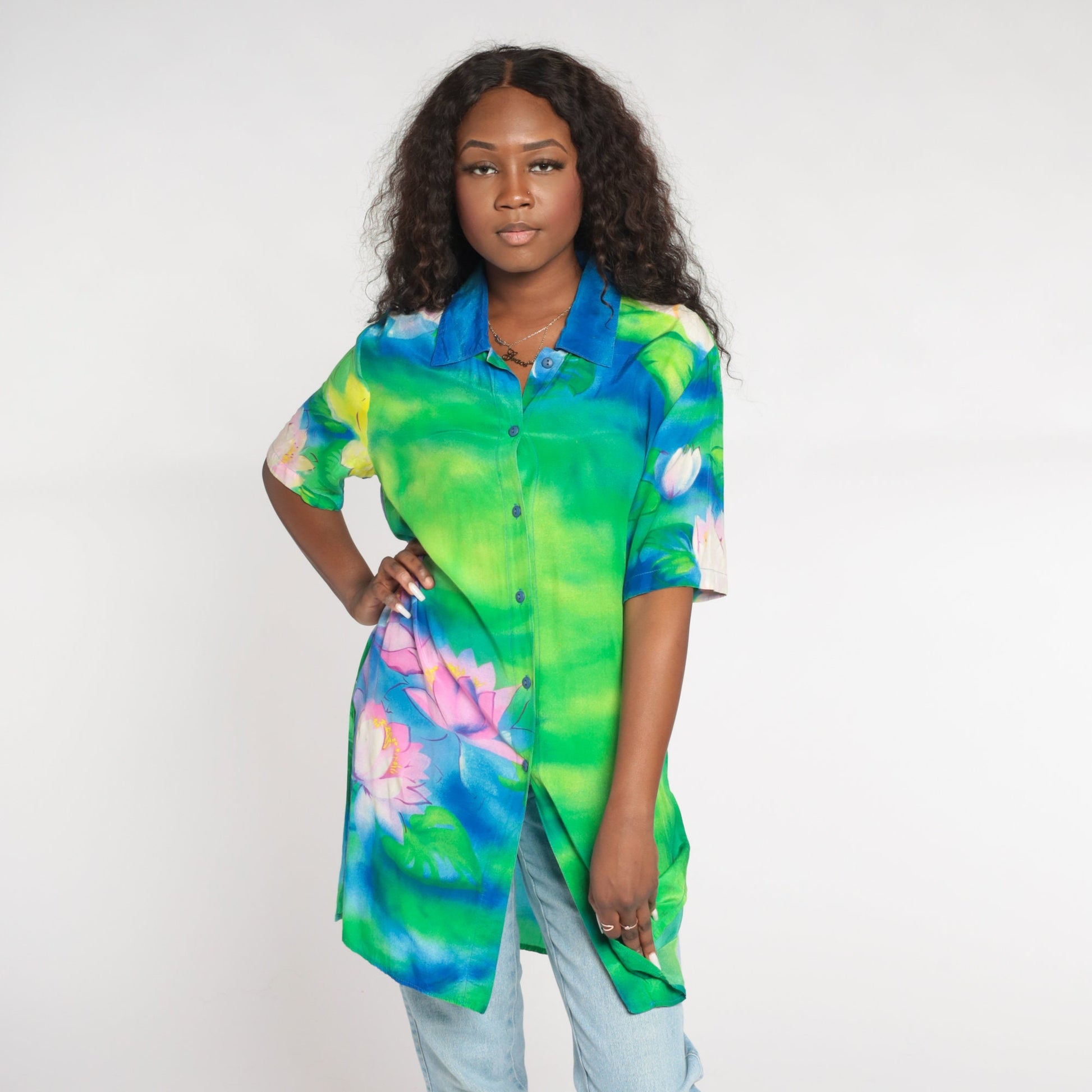 Y2K Water Lily Floral Button Up Blouse Blue Green Pink Short Sleeve Medium Large