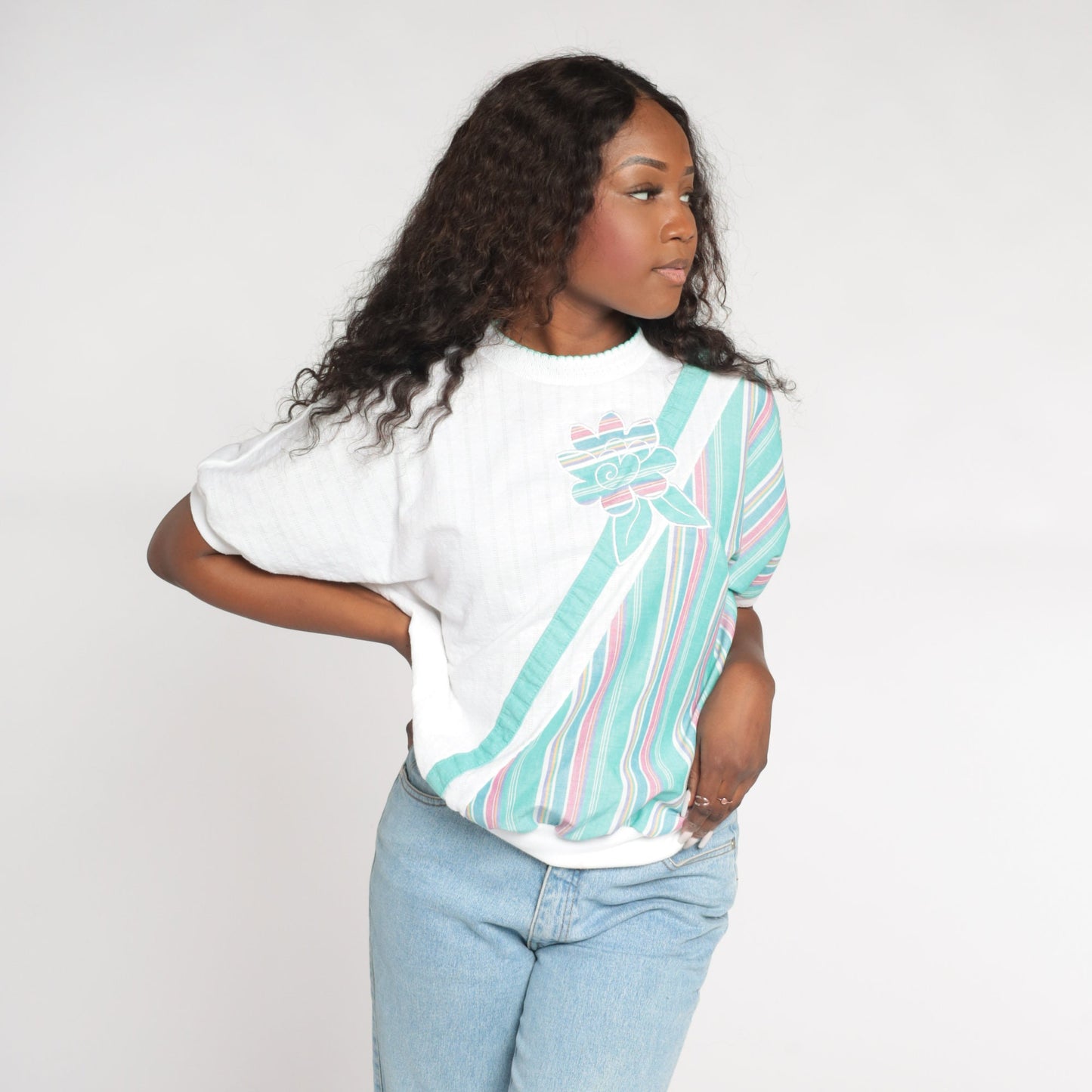 90s Floral Striped Colour Block Ribbed Shirt White Green Medium M