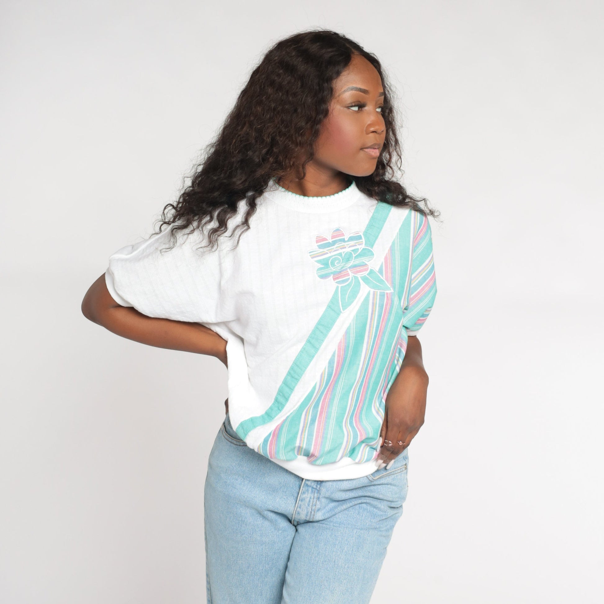 90s Floral Striped Colour Block Ribbed Shirt White Green Medium M