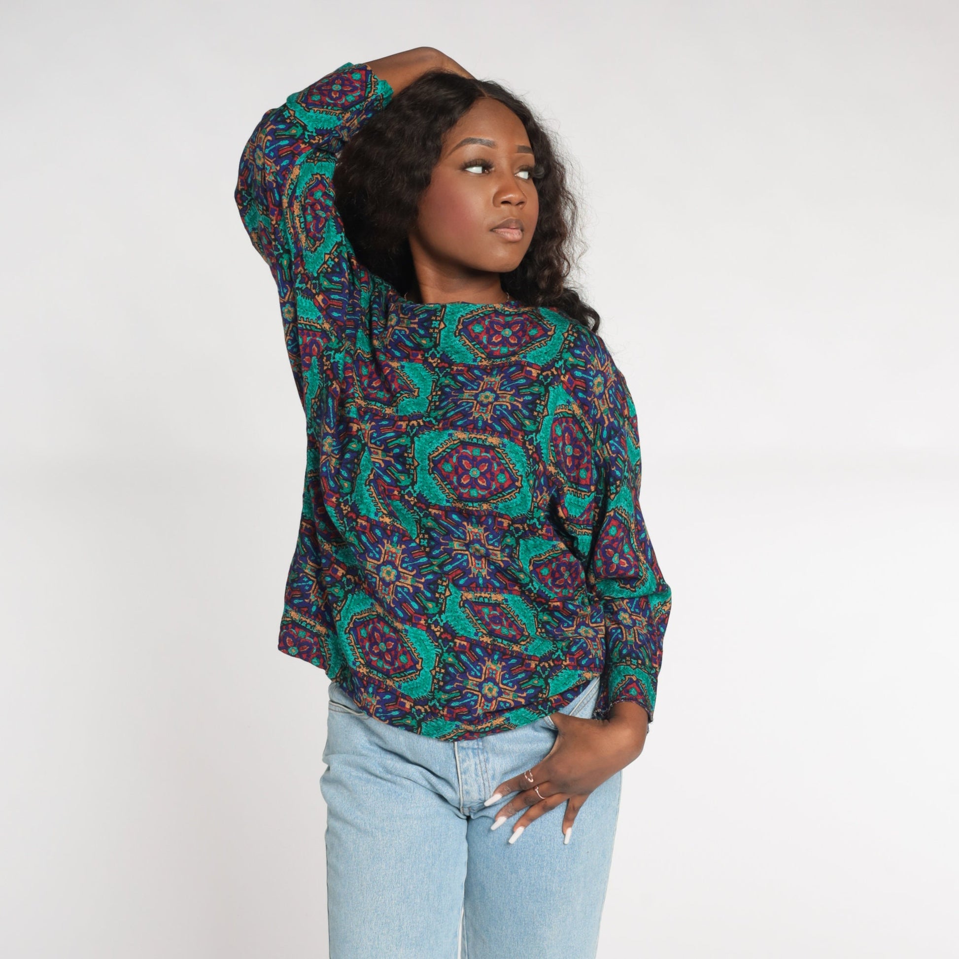 90s Geometric Tile Print Rayon Blouse Long Sleeve Medallion Top Medium