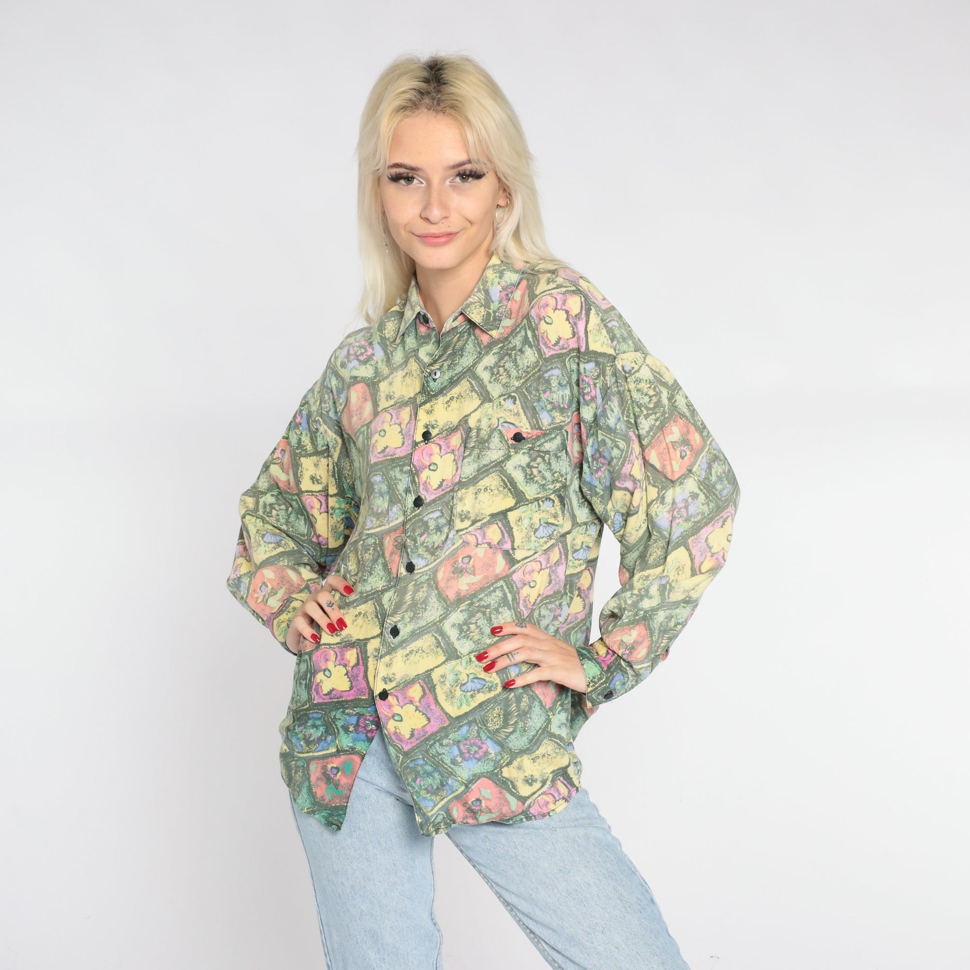 90s Abstract Floral Button-Up Shirt Long Sleeve Collared Green Yellow Pink Medium