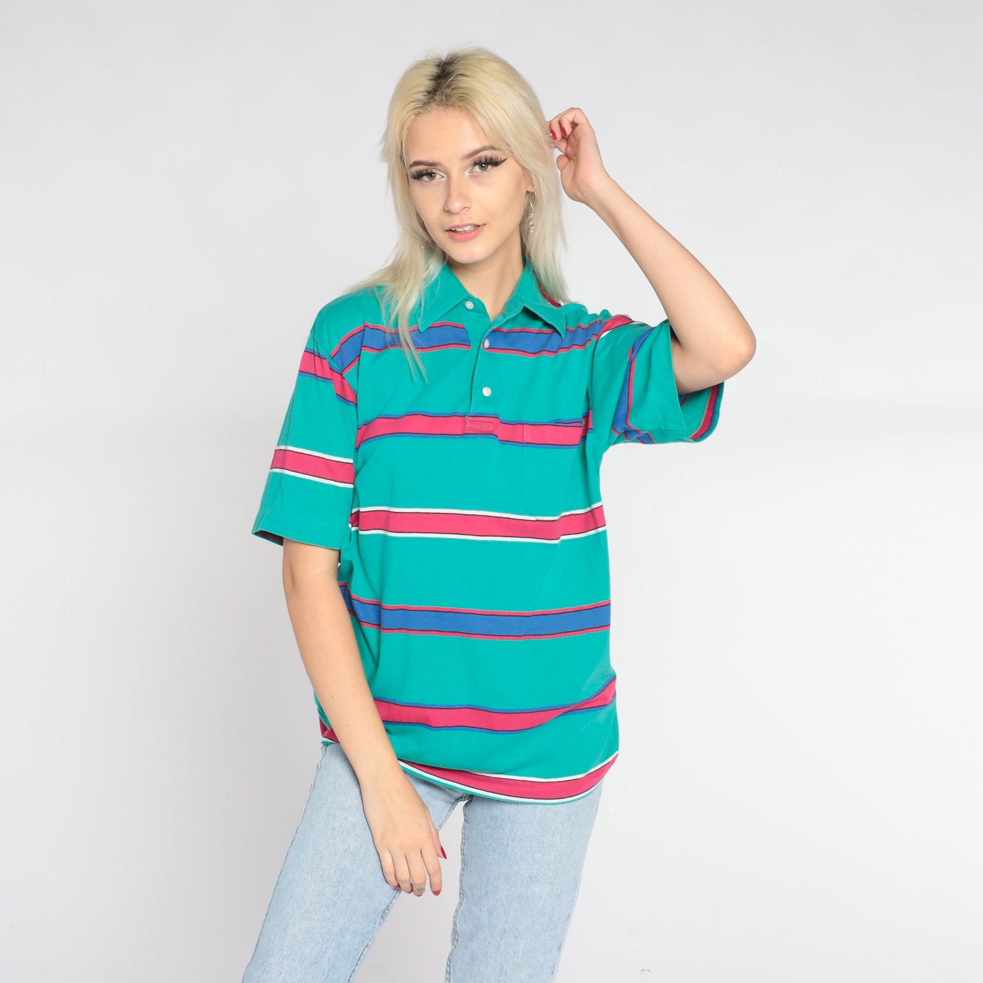 90s Green Striped Polo Shirt Pink Blue Stripes Collared Short Sleeve Small