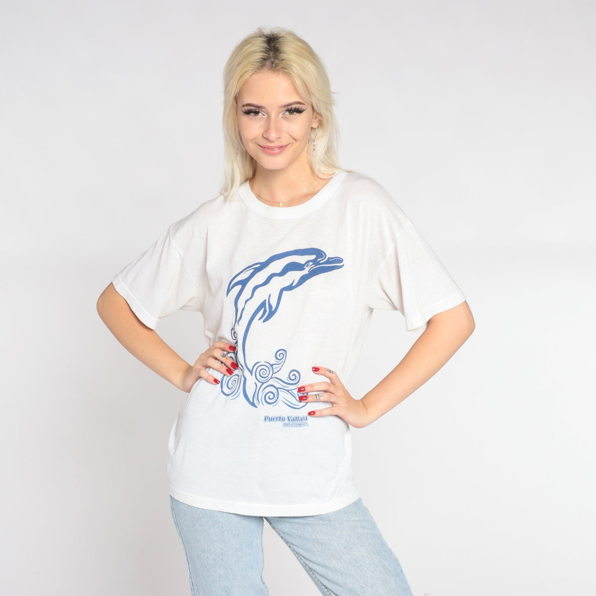 90s Dolphin Puerto Vallarta Mexico Graphic T-Shirt White Cotton Large L