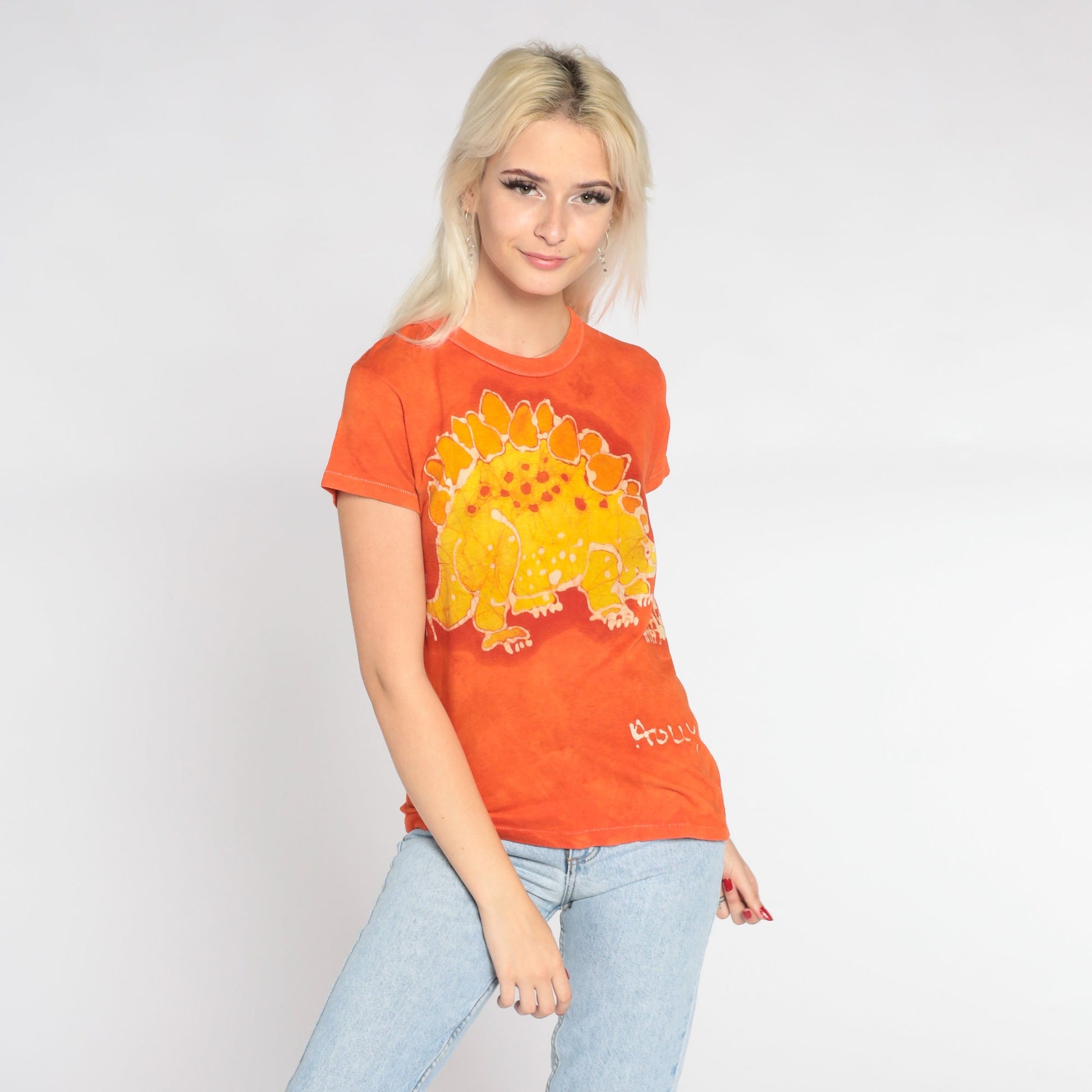 80s Stegosaurus Dinosaur Tie Dye Graphic T-Shirt Holly Orange Single Stitch XS