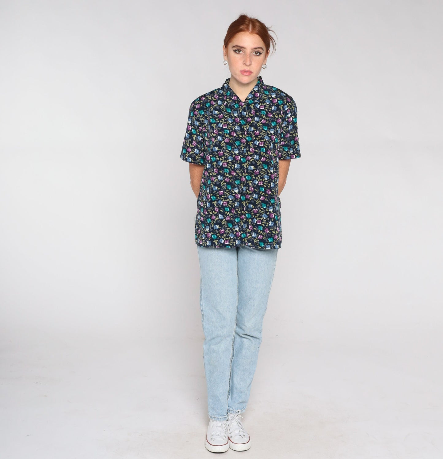 00s Floral Button Up Blouse Navy Short Sleeve Shoulder Pad Top Medium