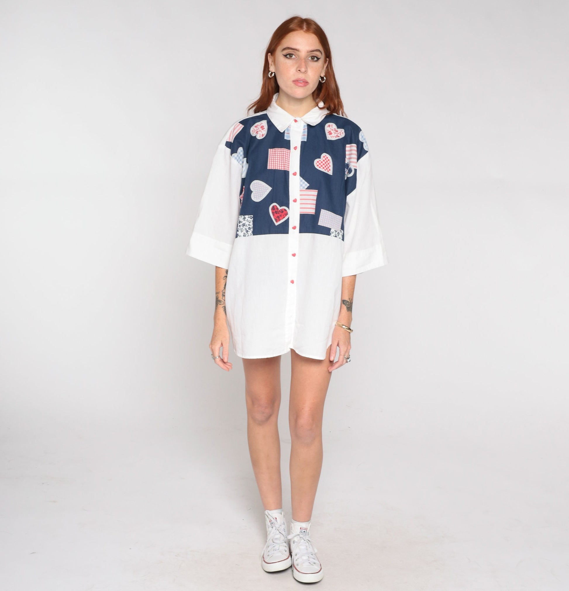 80s Heart Print Button Up Blouse Blue White 3/4 Sleeve Plus Size XXL
