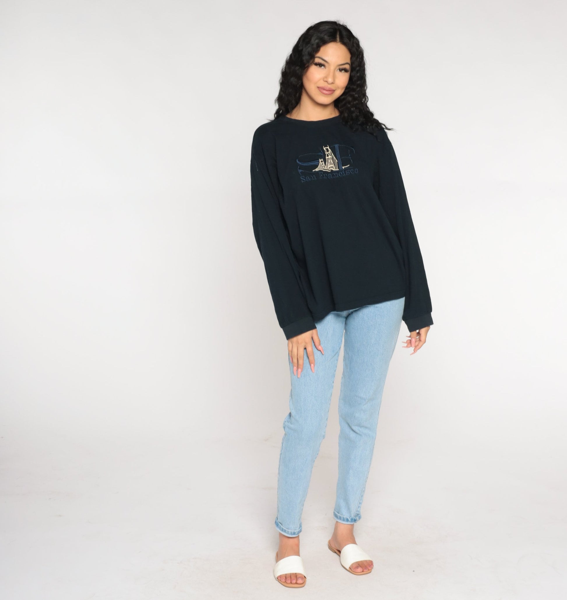 Y2K San Francisco Golden Gate Bridge Embroidered Long Sleeve Tee Navy Extra Large XXL