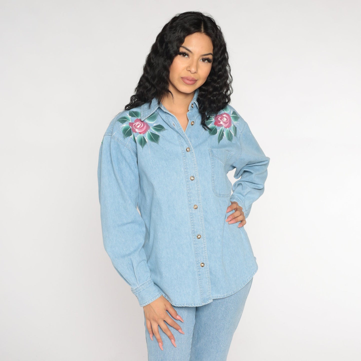 90s Blue Denim Shirt Floral Rose Print Button-Up Blouse Long Sleeve Medium M
