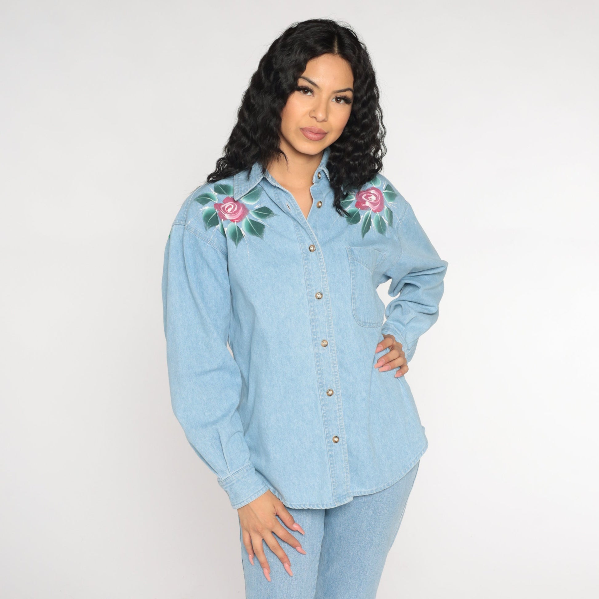 90s Blue Denim Shirt Floral Rose Print Button-Up Blouse Long Sleeve Medium M