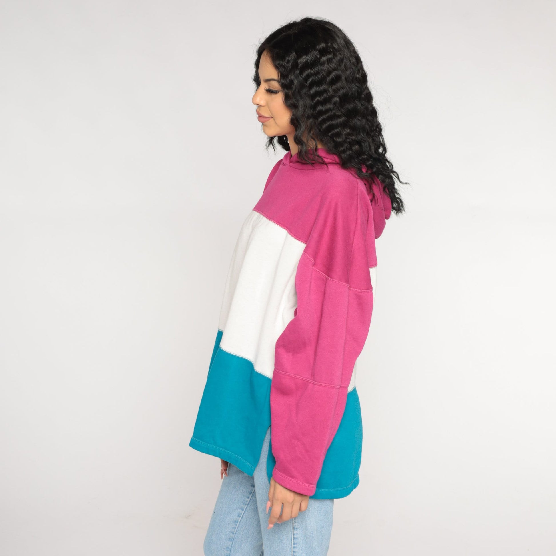 90s Color Block Hoodie White Pink Blue Striped Sweatshirt Large L