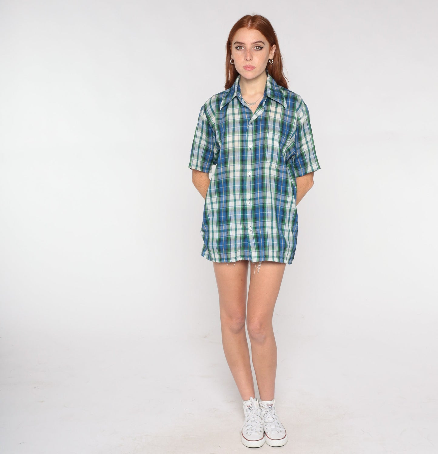 70s Blue Plaid Button-Up Shirt Green White Pointed Collar Short Sleeve Large
