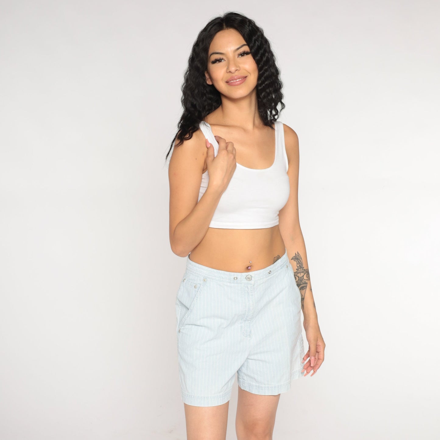 Y2K Ralph Lauren Striped Denim Shorts High Waist Blue White Medium