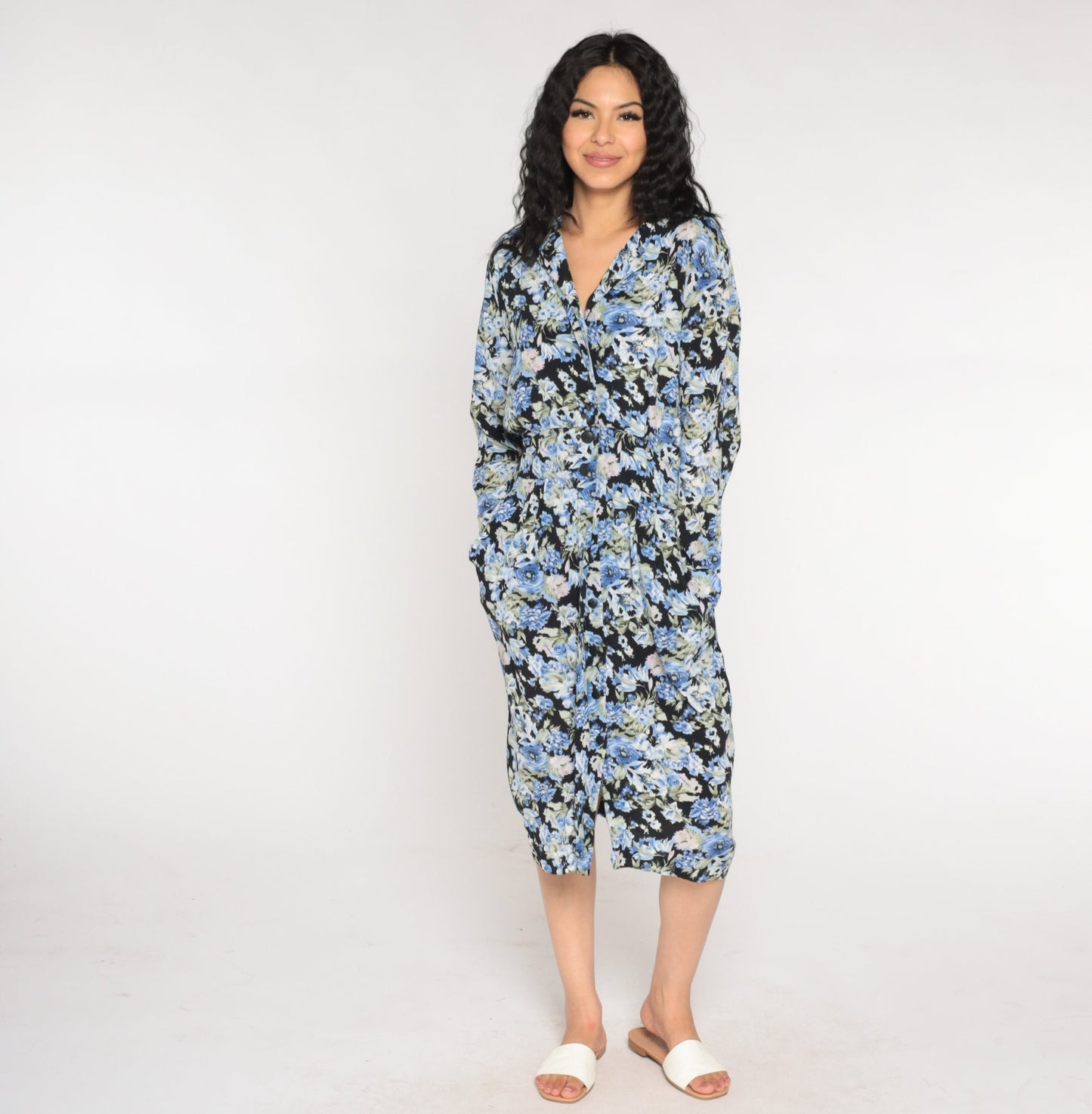 90s Black Floral Midi Dress Button-Up Long Sleeve High Waist Pencil Cut Pockets Small