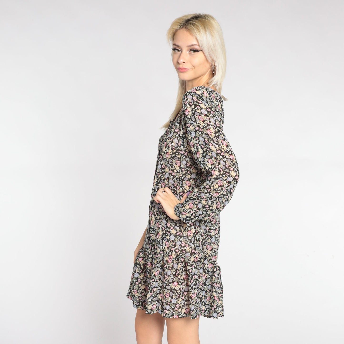 90s Floral Button-Up Mini Dress Long Sleeve Drop Waist Ruffled Small S