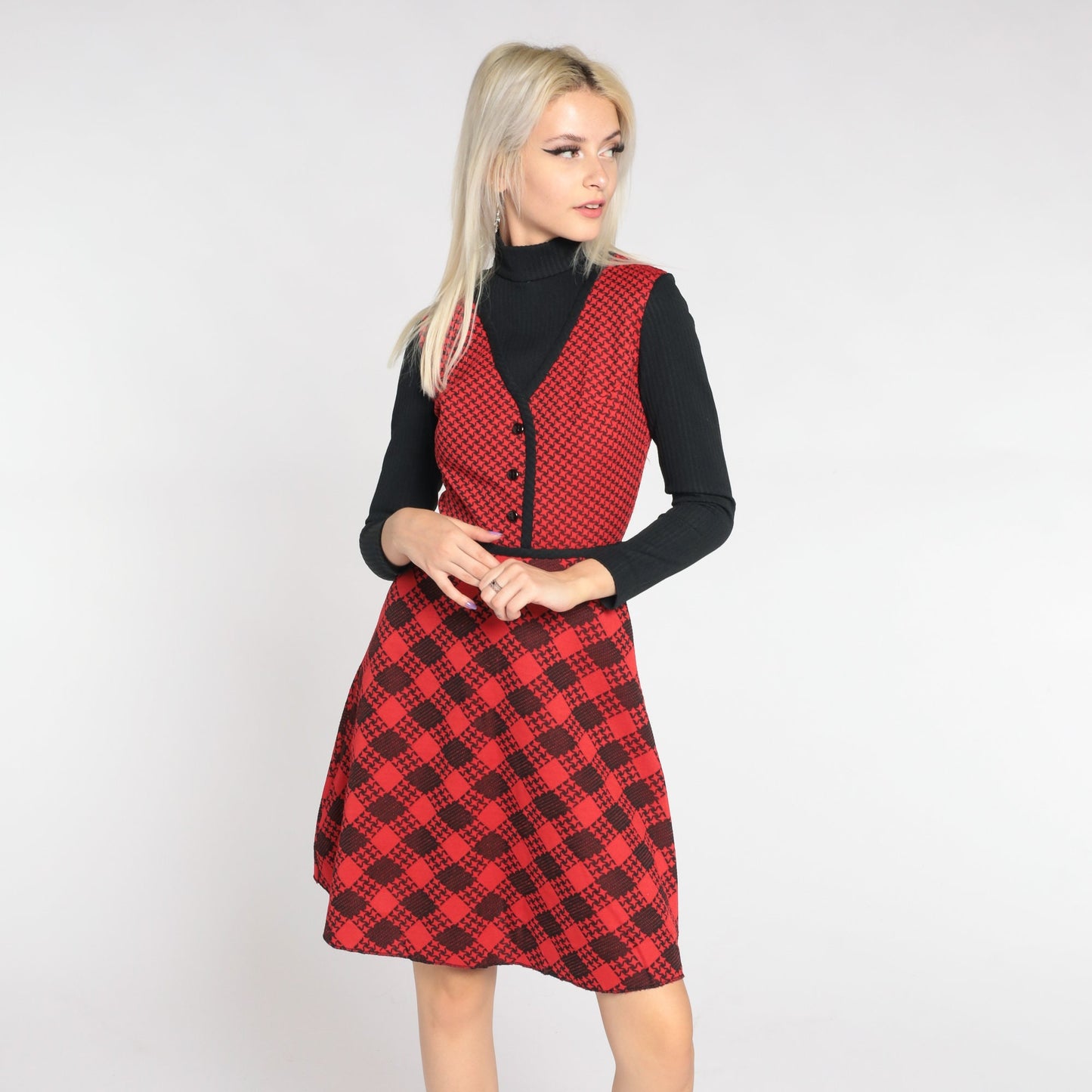 70s Red Checkered Mini Dress Black Turtleneck Attached Sleeves Extra Small