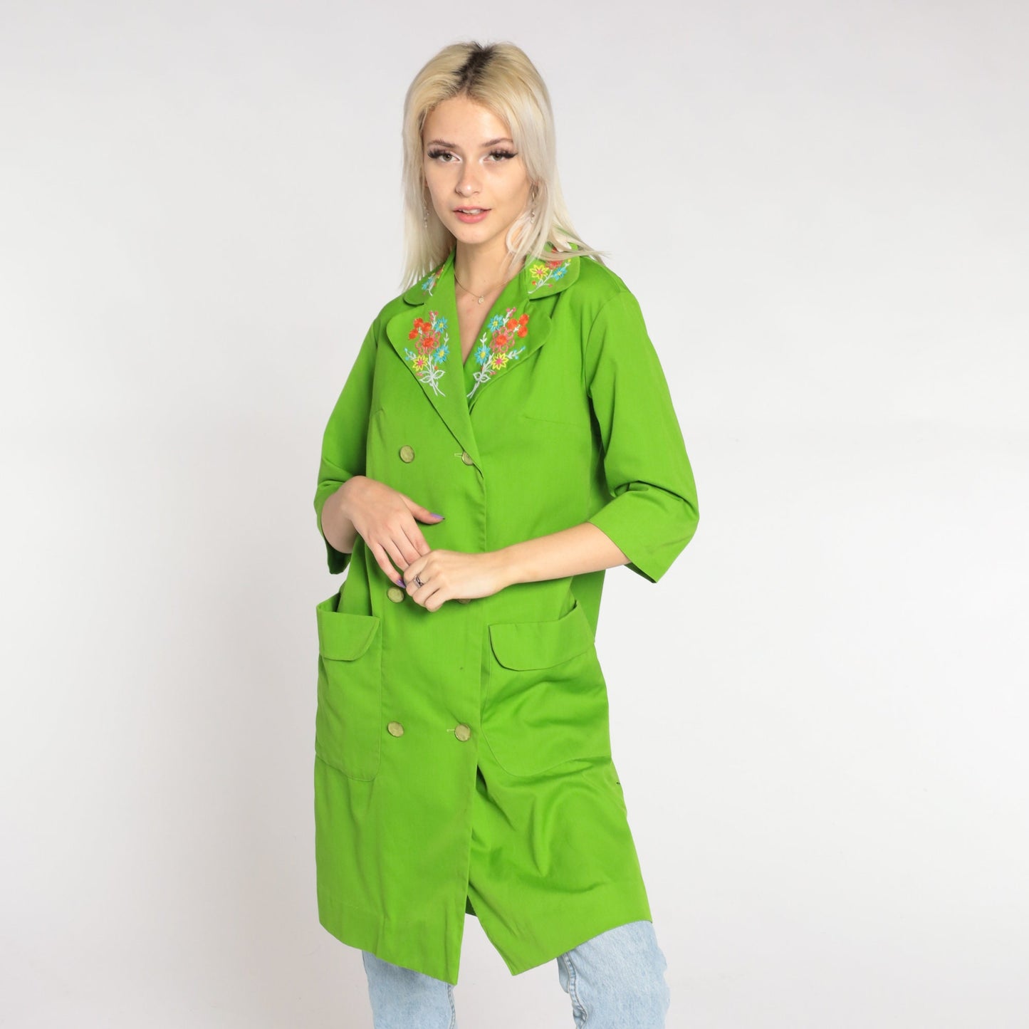 60s Lime Green Floral Embroidered Trench Coat Double Breasted 3/4 Sleeve Small