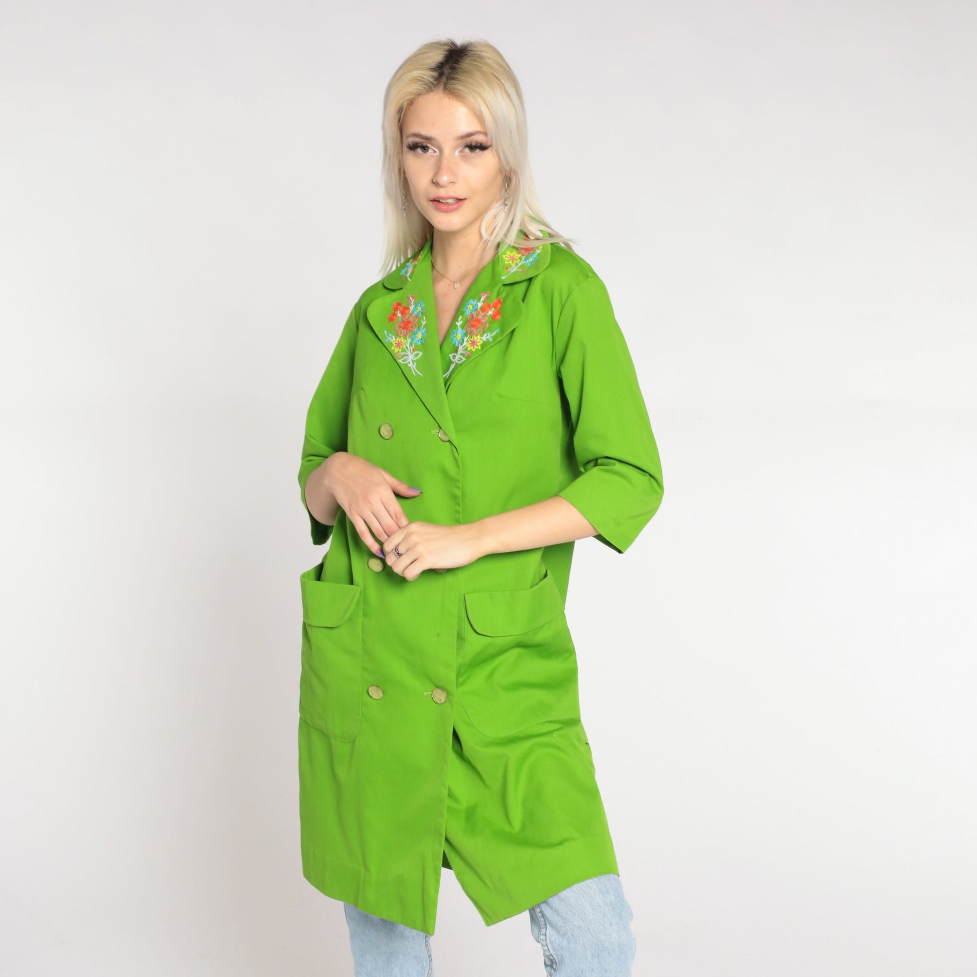 60s Lime Green Floral Embroidered Trench Coat Double Breasted 3/4 Sleeve Small