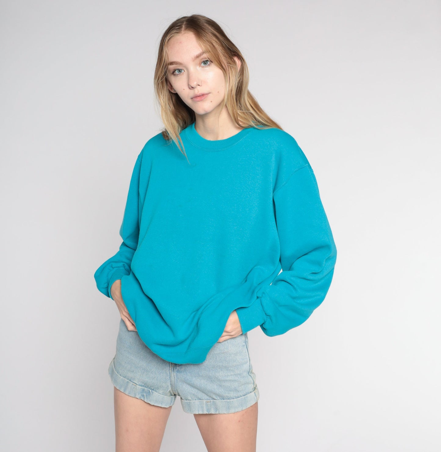 90s Jerzees Sweatshirt Bright Blue Crewneck Drop Shoulder Medium Large