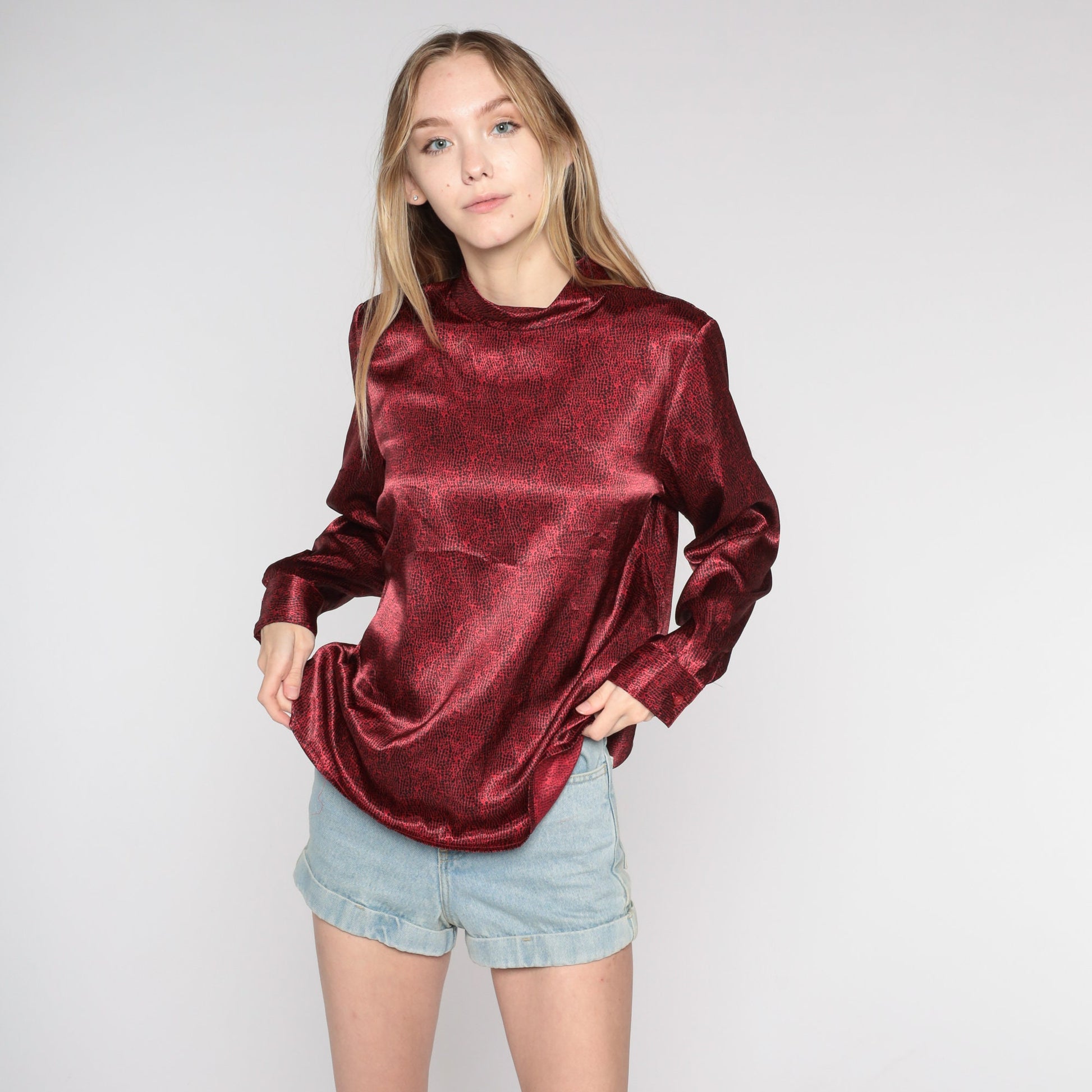 Y2K Dark Red Abstract Dot Print Long Sleeve Blouse Mock Neck Medium 8