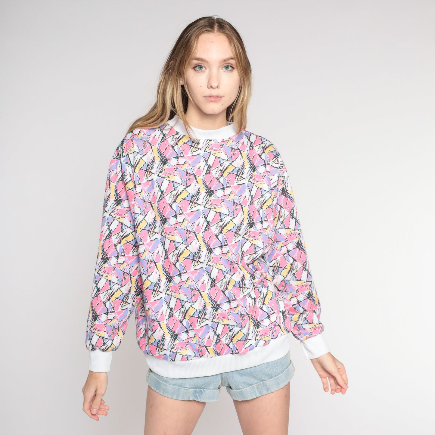 80s Abstract Print Crewneck Sweatshirt Multicolor Pullover Medium M