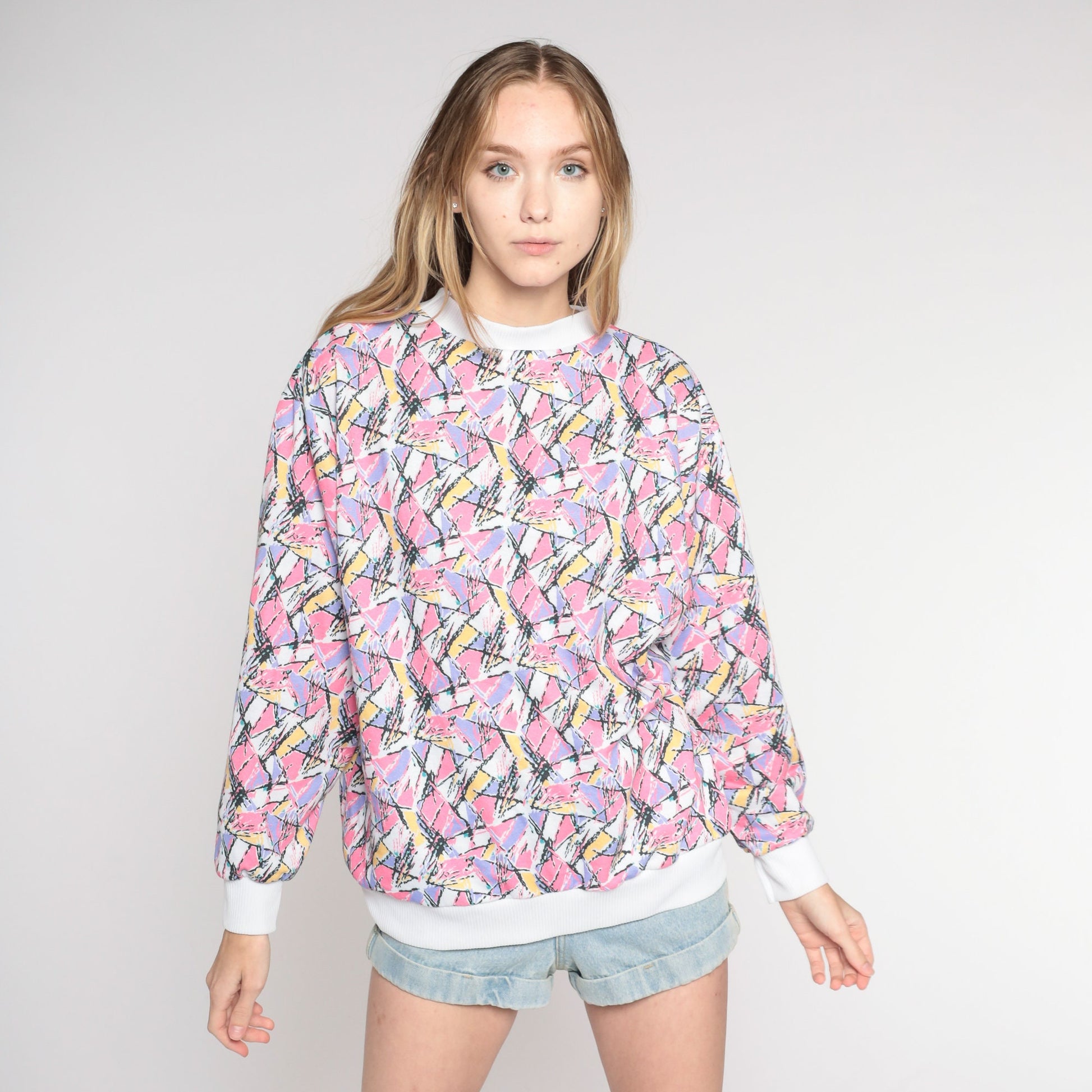 80s Abstract Print Crewneck Sweatshirt Multicolor Pullover Medium M