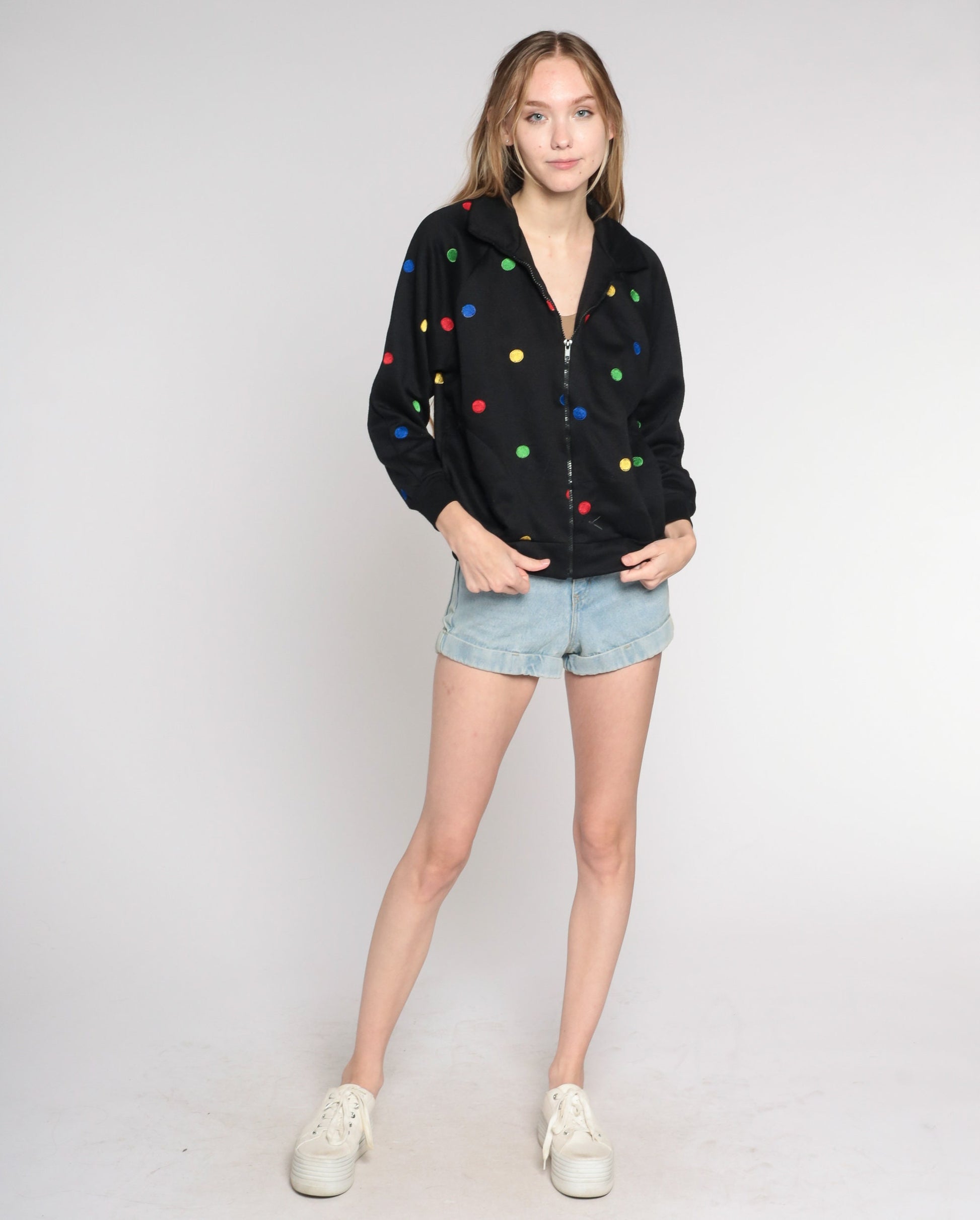 Y2K Black Polka Dot Zip-Up Windbreaker Jacket Small S