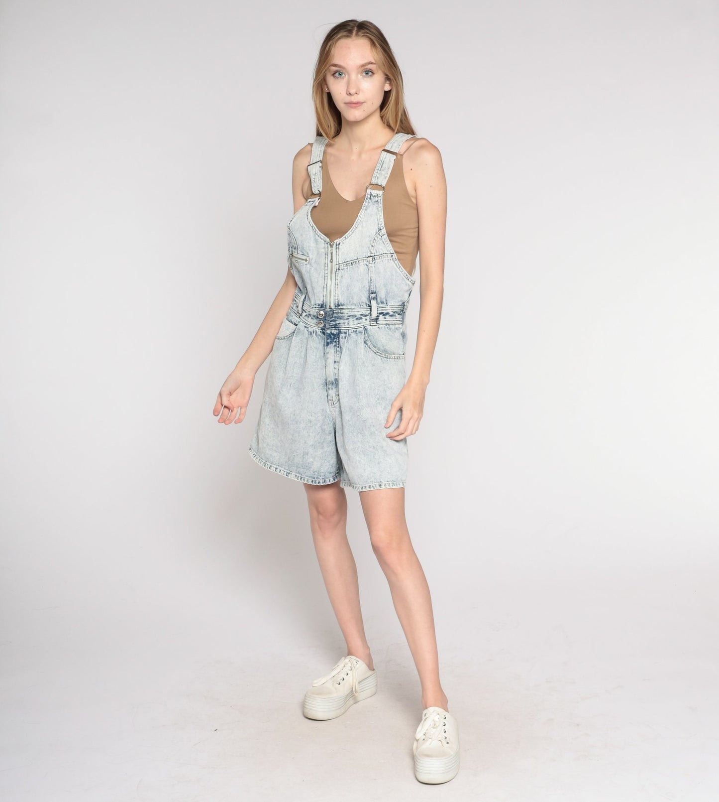 90s Acid Wash Denim Shortalls Light Blue Suspender Zip Chest Small S