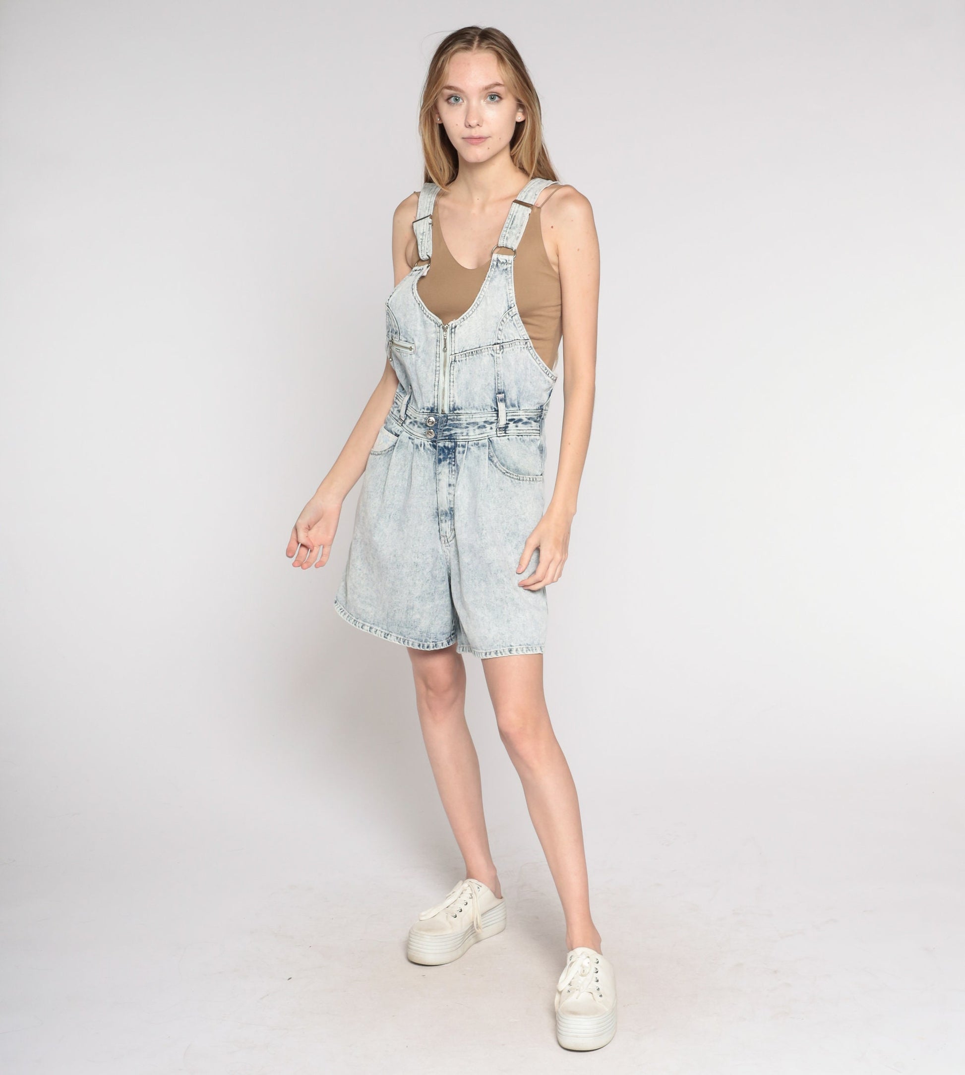 90s Acid Wash Denim Shortalls Light Blue Suspender Zip Chest Small S