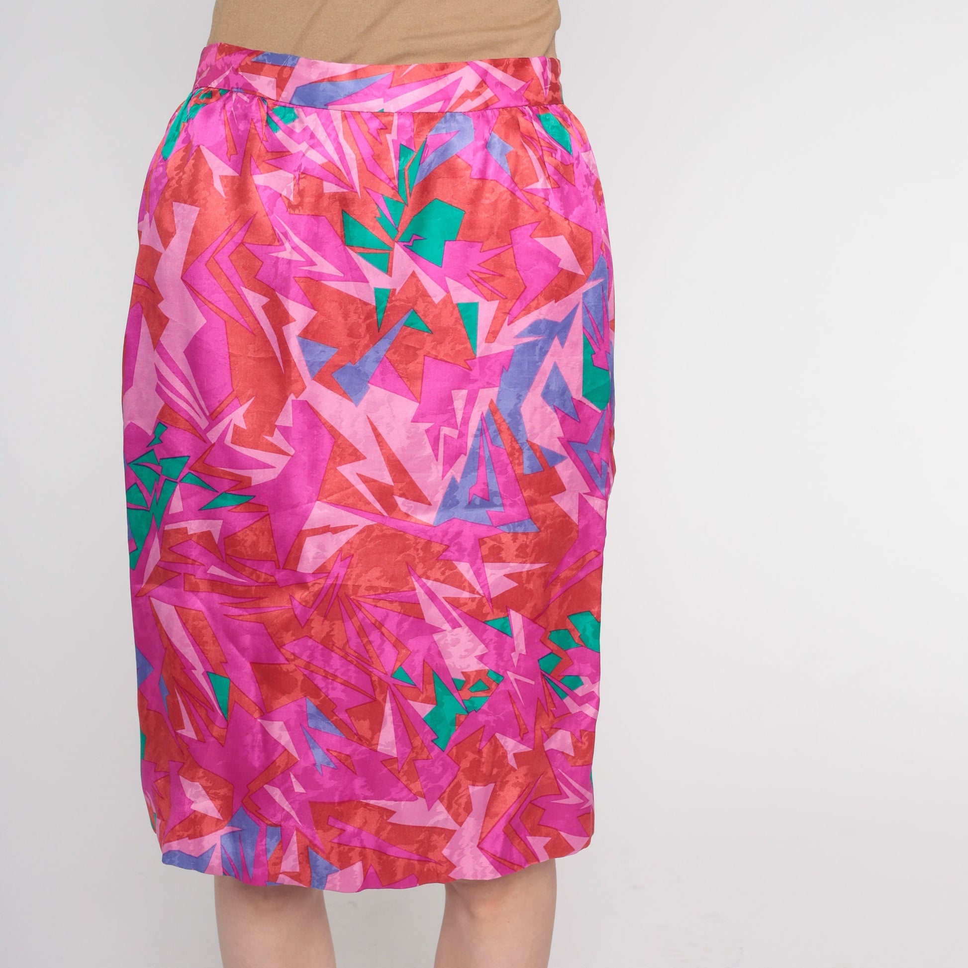 80s Pink Abstract Geometric Pencil Skirt High Waisted Mini Extra Small
