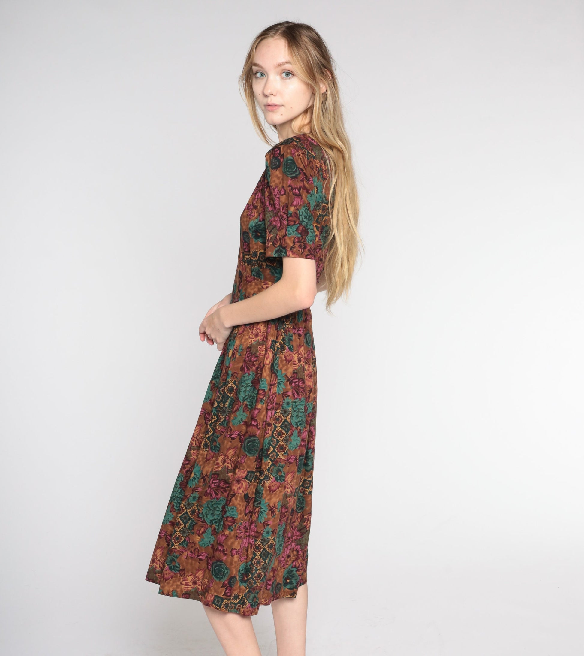90s Brown Floral Midi Dress High Waist Puff Sleeve Pleated Rayon Small
