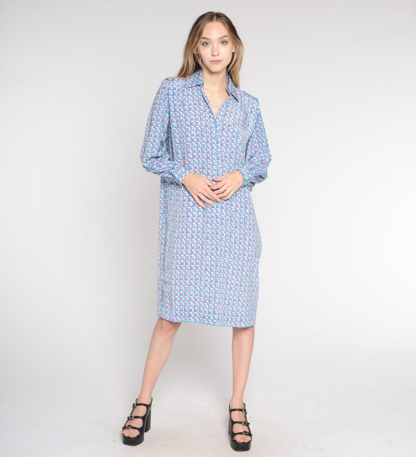 90s Checkered Button-Up Shirtdress Green Pink Knee Length Large