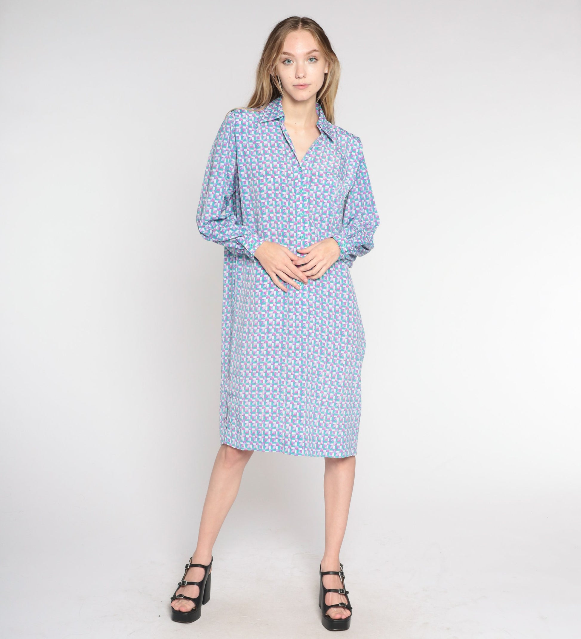 90s Checkered Button-Up Shirtdress Green Pink Knee Length Large