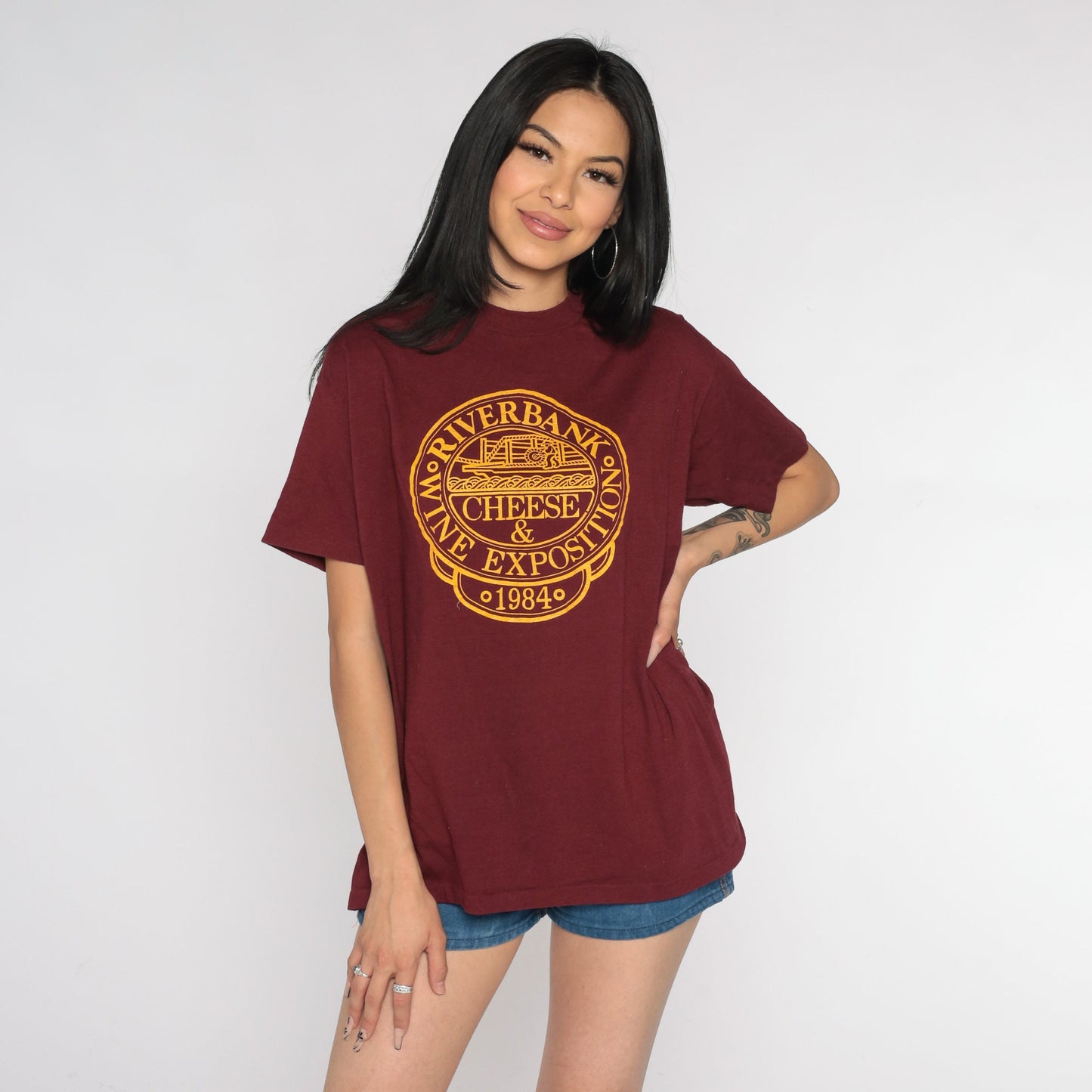 1984 Riverbank Wine & Cheese Exposition Graphic T-Shirt Burgundy Large