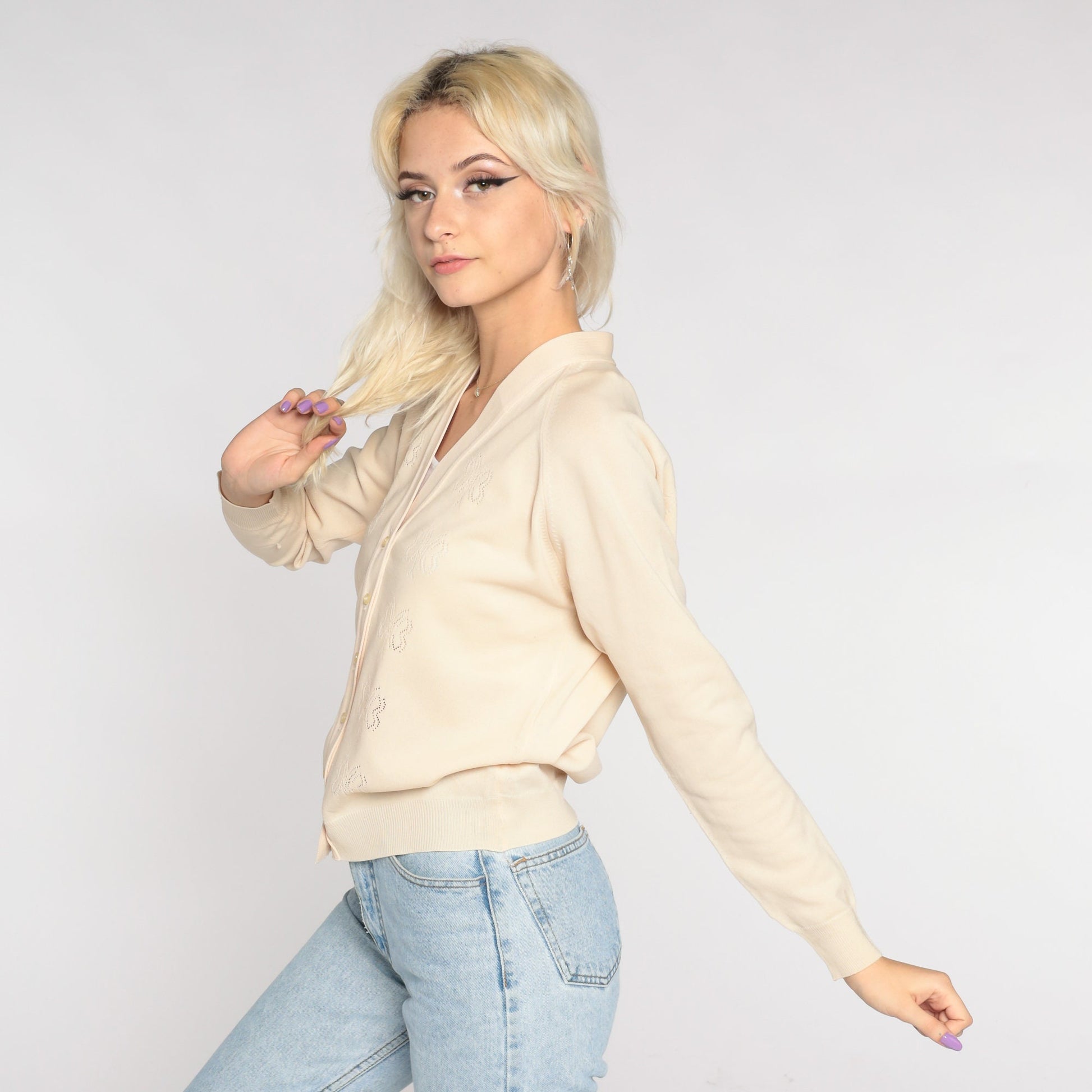 70s Beige Cutout Butterfly Cardigan Button-Up V-Neck Sweater Small