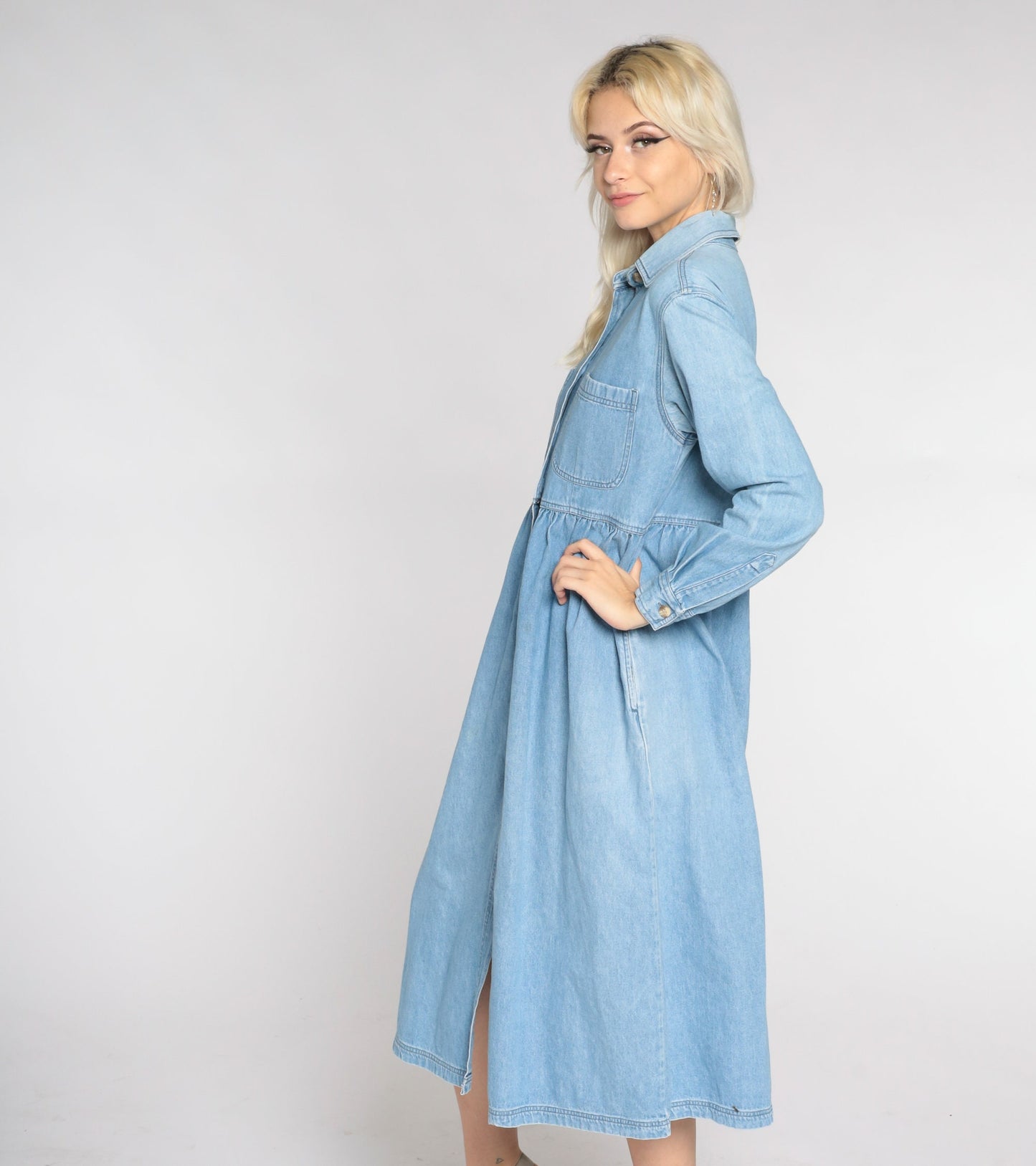 90s Blue Denim Midi Shirtdress High Waist Button Up Petite Small