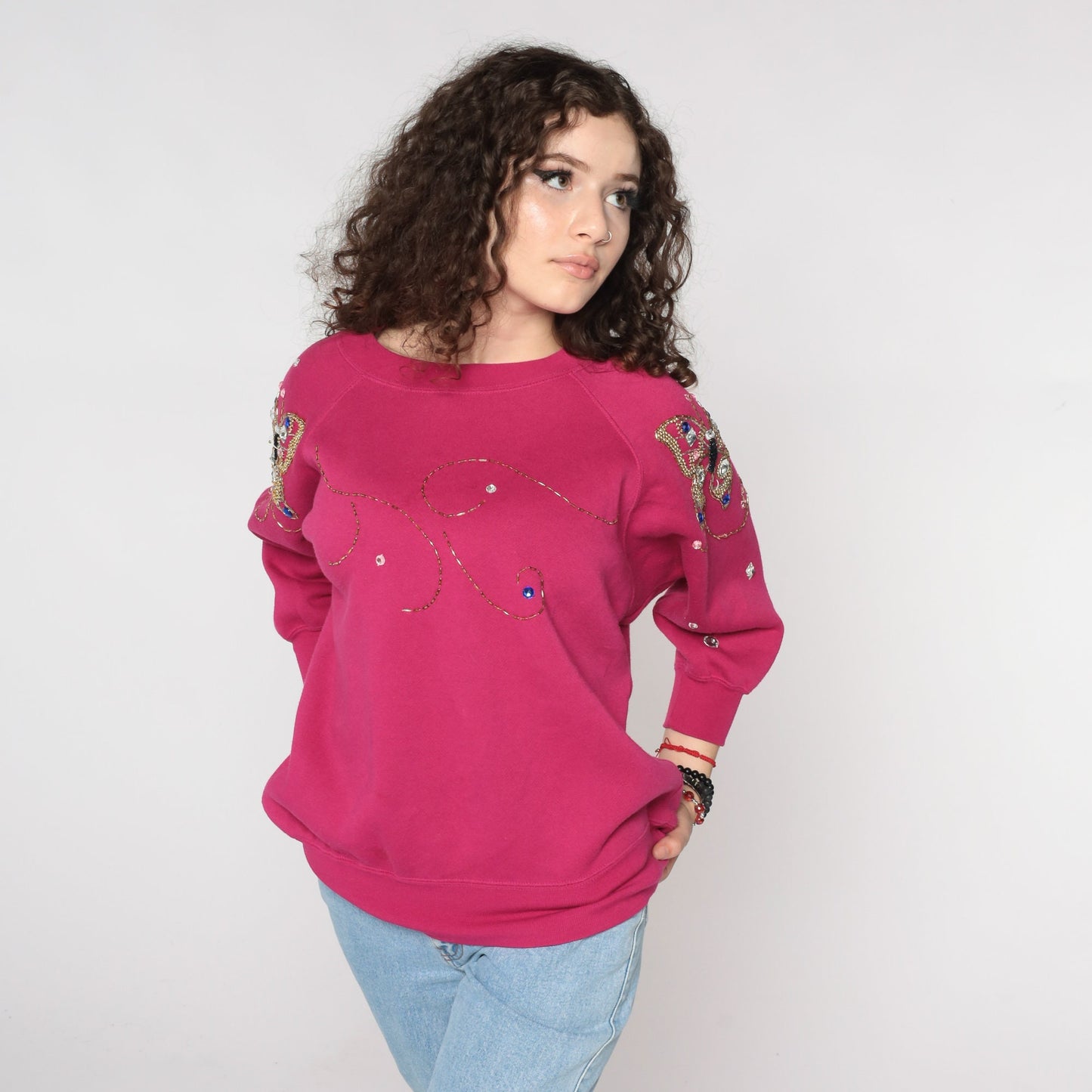 90s Beaded Butterfly Sweatshirt Fuchsia Pink Raglan Gem Embellished Small