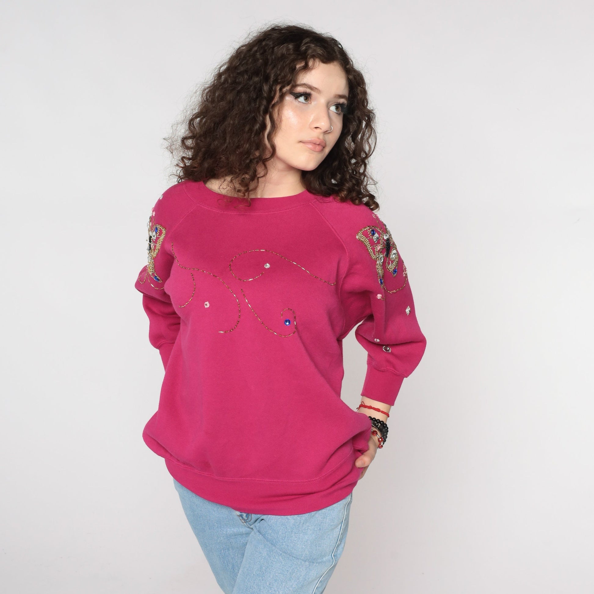 90s Beaded Butterfly Sweatshirt Fuchsia Pink Raglan Gem Embellished Small