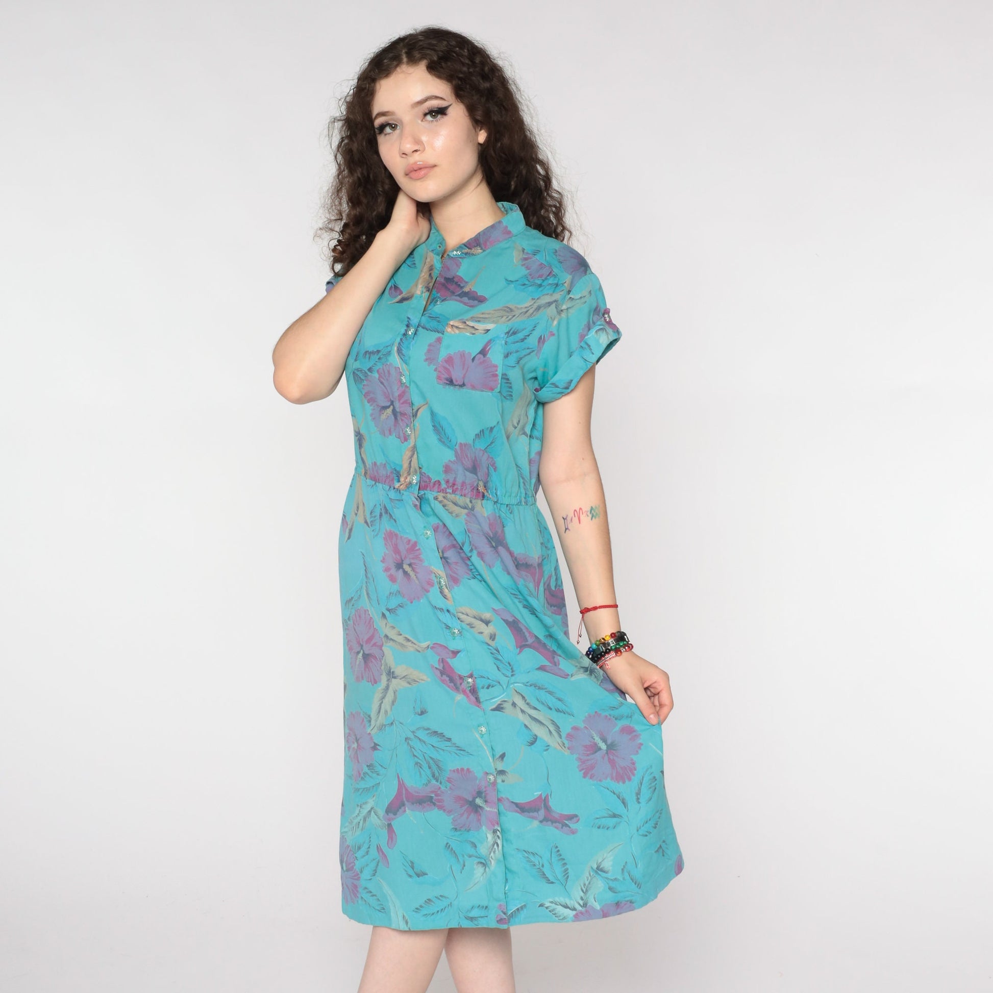 80s Floral Midi Shirtdress Blue Flower Print Button-Up High Waist Medium