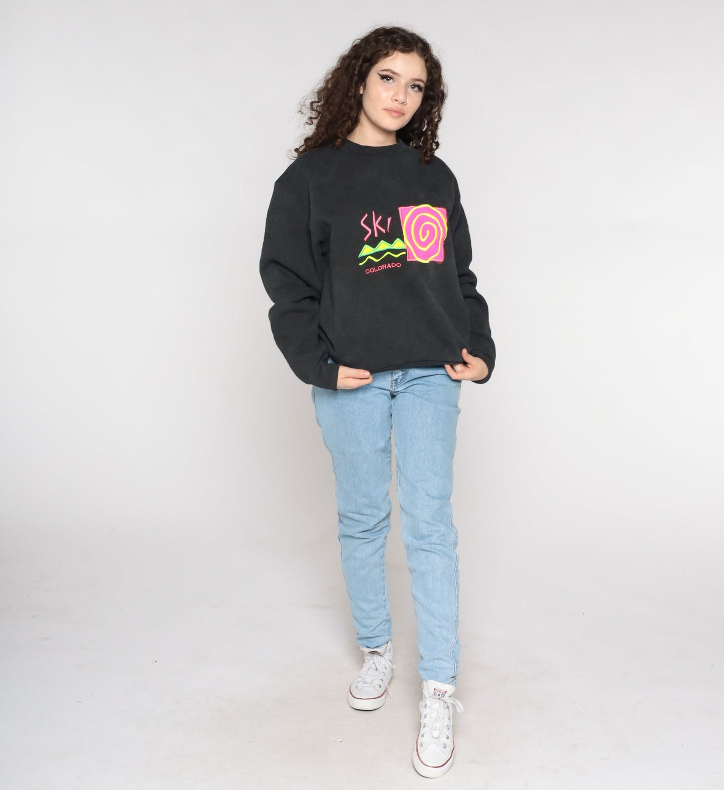 90s Ski Colorado Neon Graphic Sweatshirt Black Crewneck Medium
