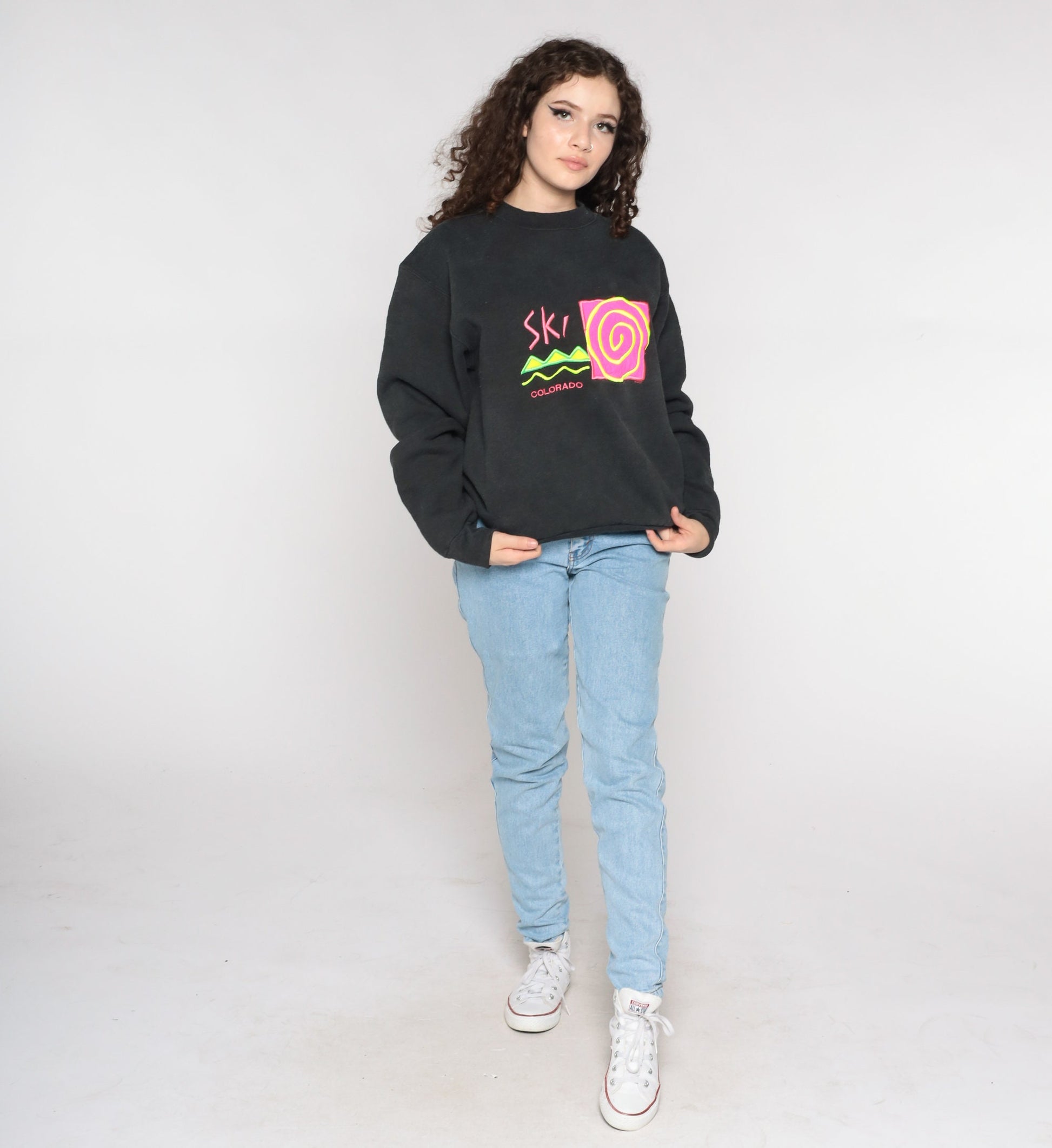 90s Ski Colorado Neon Graphic Sweatshirt Black Crewneck Medium