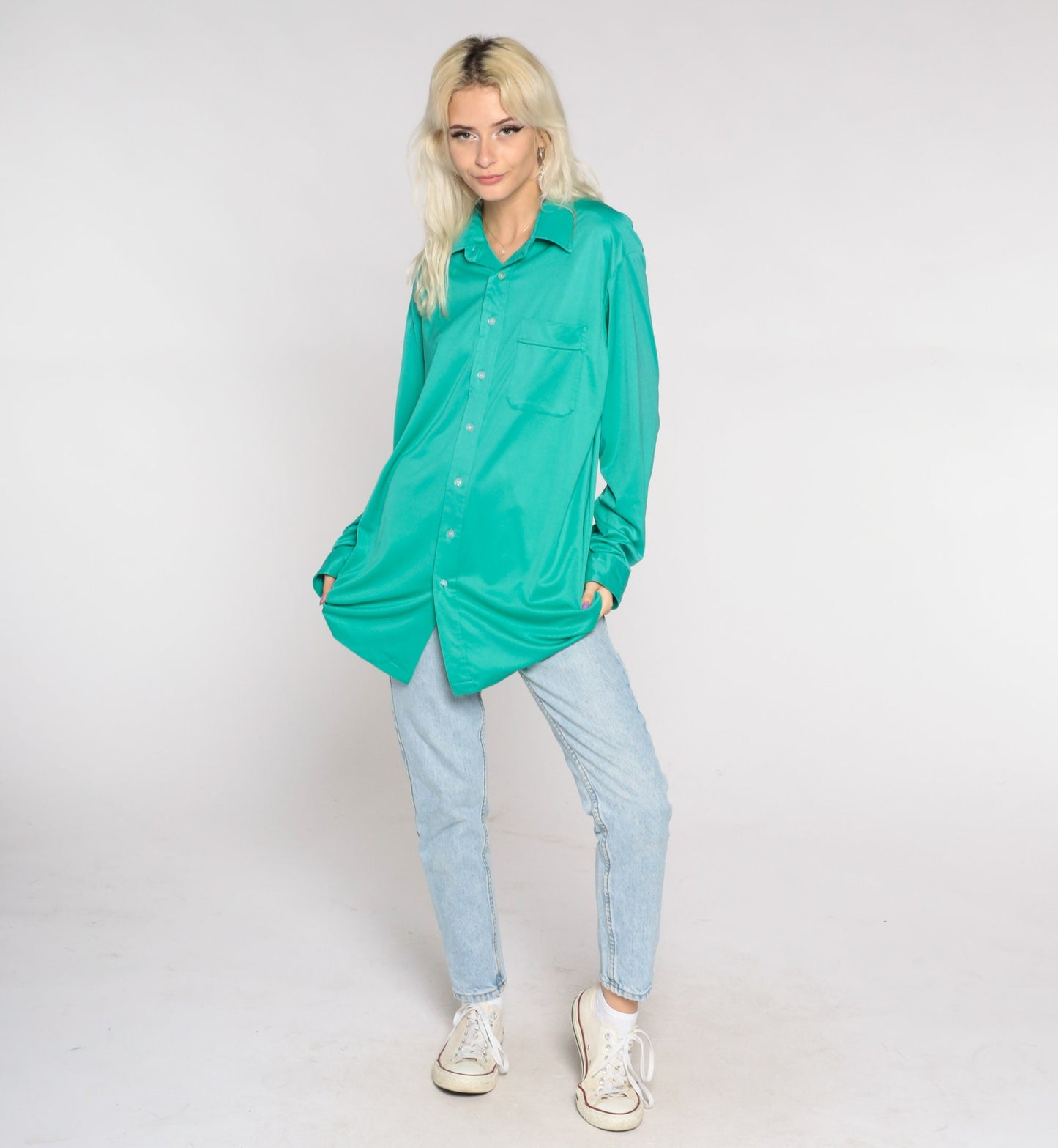 70s Green Dagger Collar Button-Up Shirt Long Sleeve Oxford Extra Large