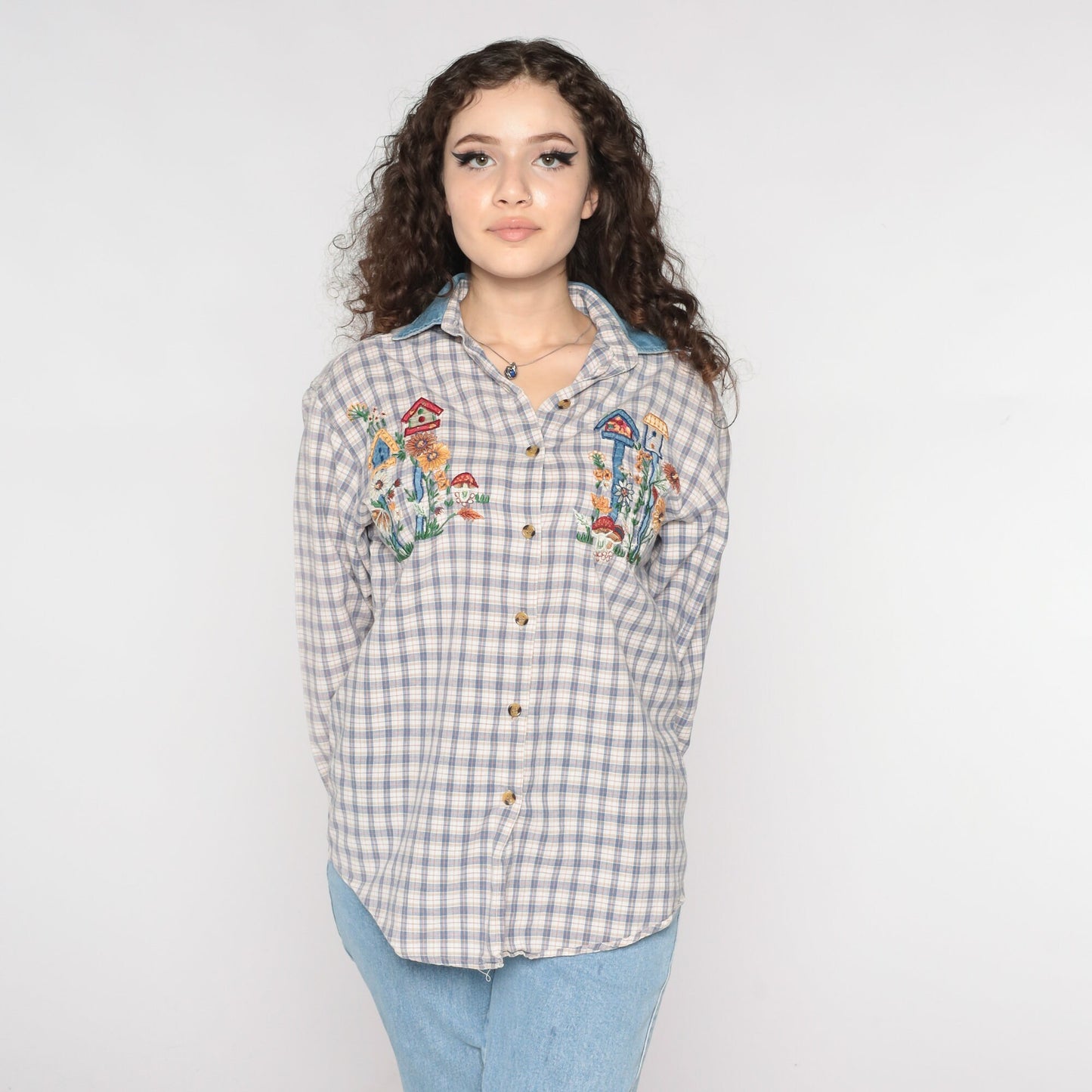90s Plaid Floral Mushroom Embroidered Button Up Blouse Denim Collar Medium