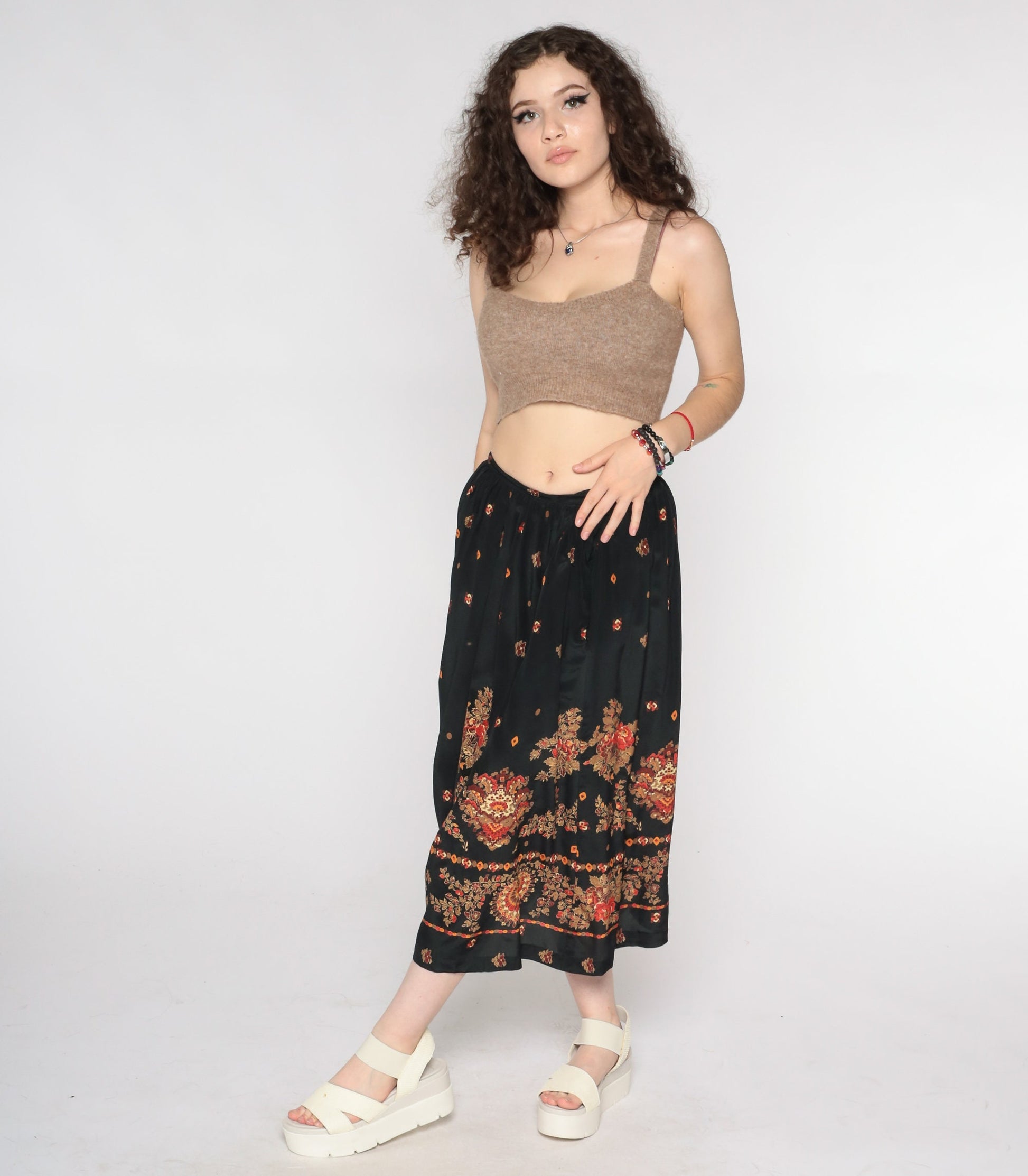 90s Black Silk Floral Midi Skirt High Waist Small 6