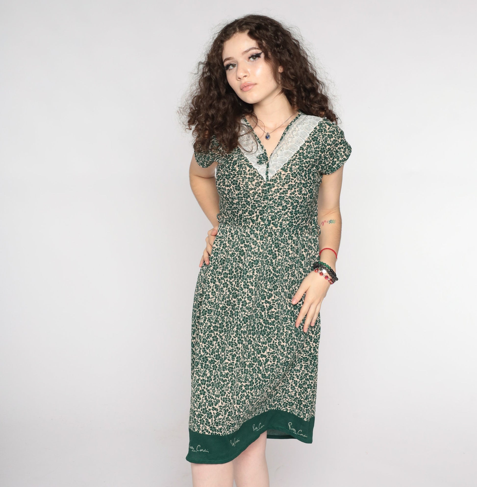80s Pierre Cardin Green Floral Midi Dress V-Neck Lace Yoke Small