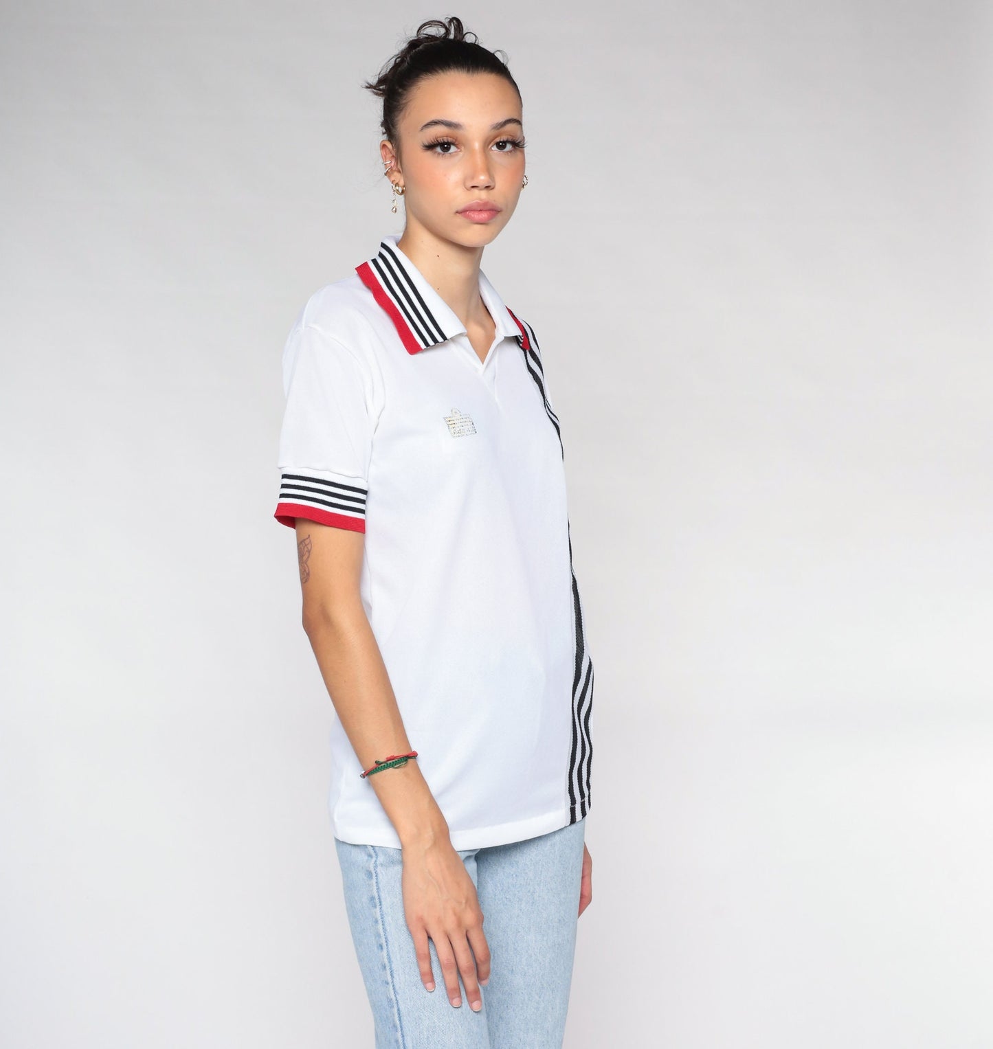 90s Admiral Polo Shirt White Red Black Striped Small S