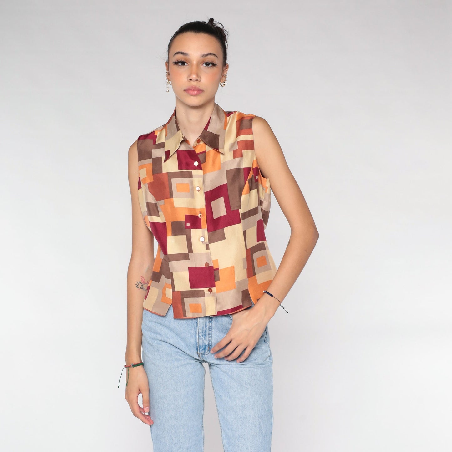 Y2K Silk Tank Top Geometric Square Print Brown Orange Medium M